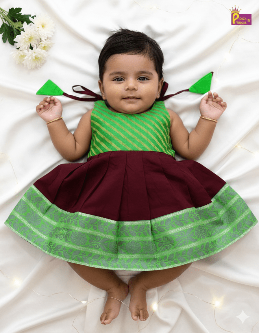 Toddlers Green with Maroon Raw Silk Pattu Frock LF1479 - Prince N Princess