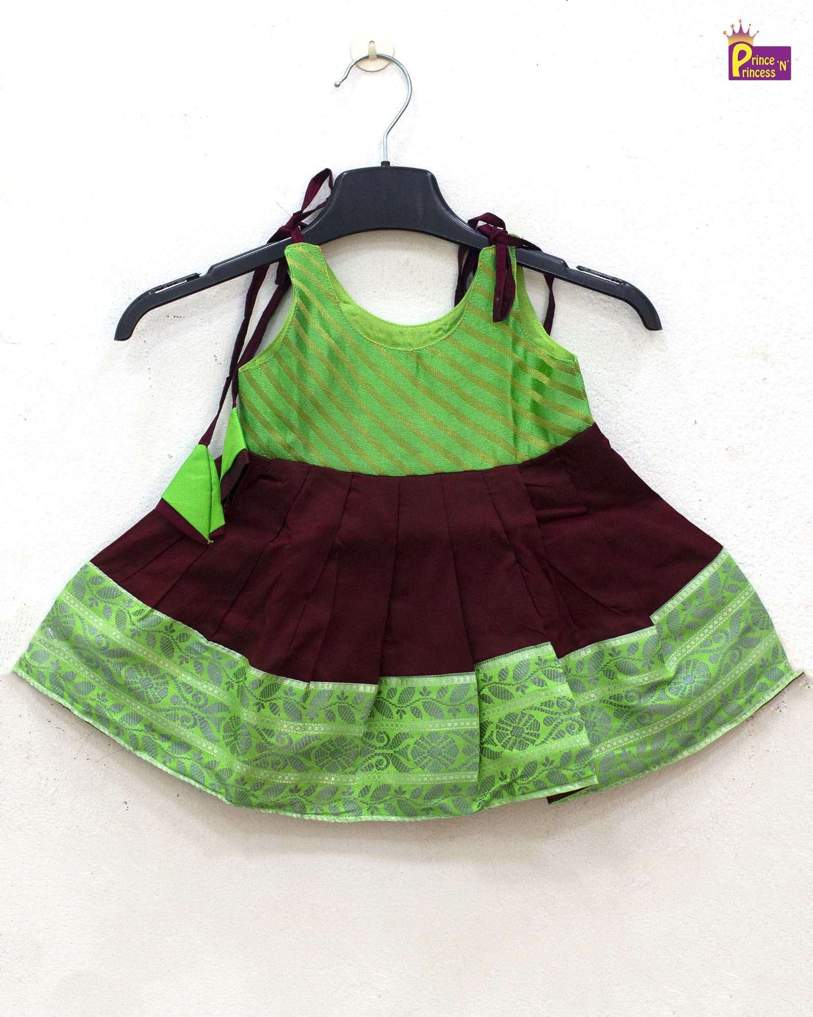 Toddlers Green with Maroon Raw Silk Pattu Frock LF1479 - Prince N Princess