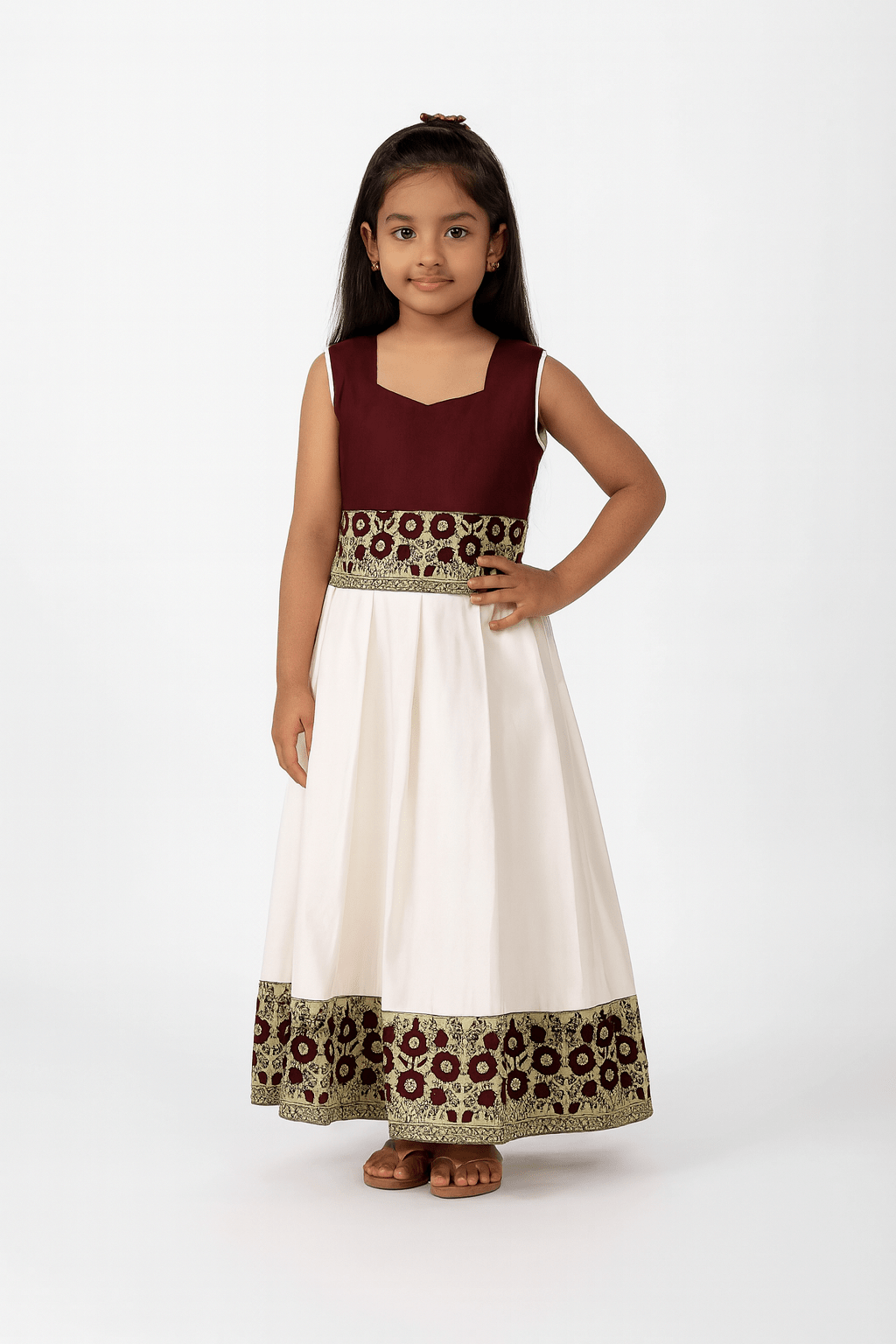 Toddlers Marron White Pattu Pavadai PPP1775 for kids festival wear