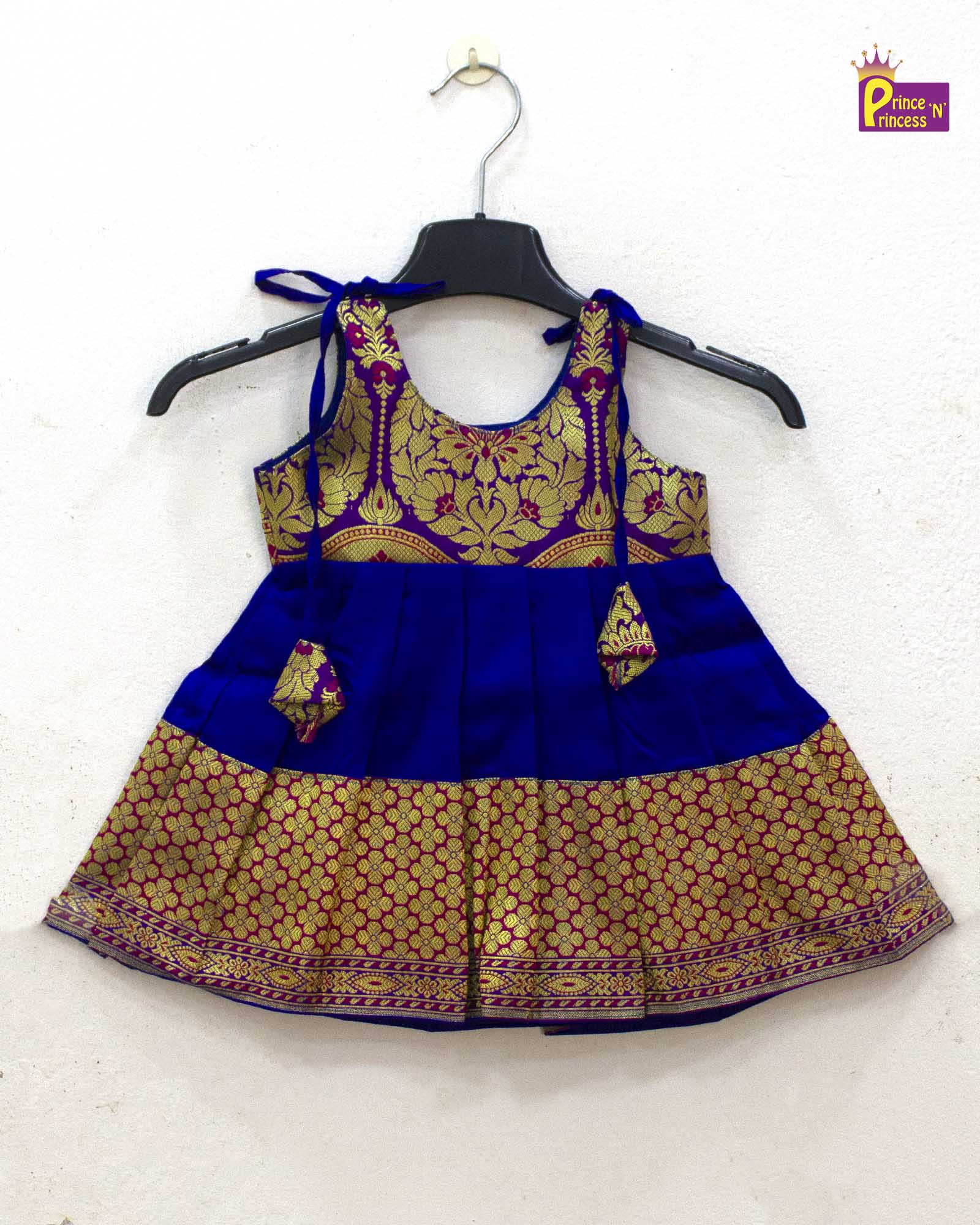 Toddlers Navy Blue Green Raw Silk Pattu Frock LF1487 - Prince N Princess