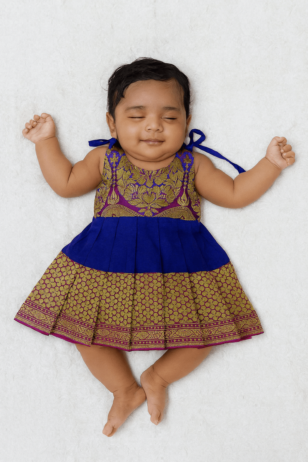 Toddlers Navy Blue Green Raw Silk Pattu Frock LF1487 - Prince N Princess