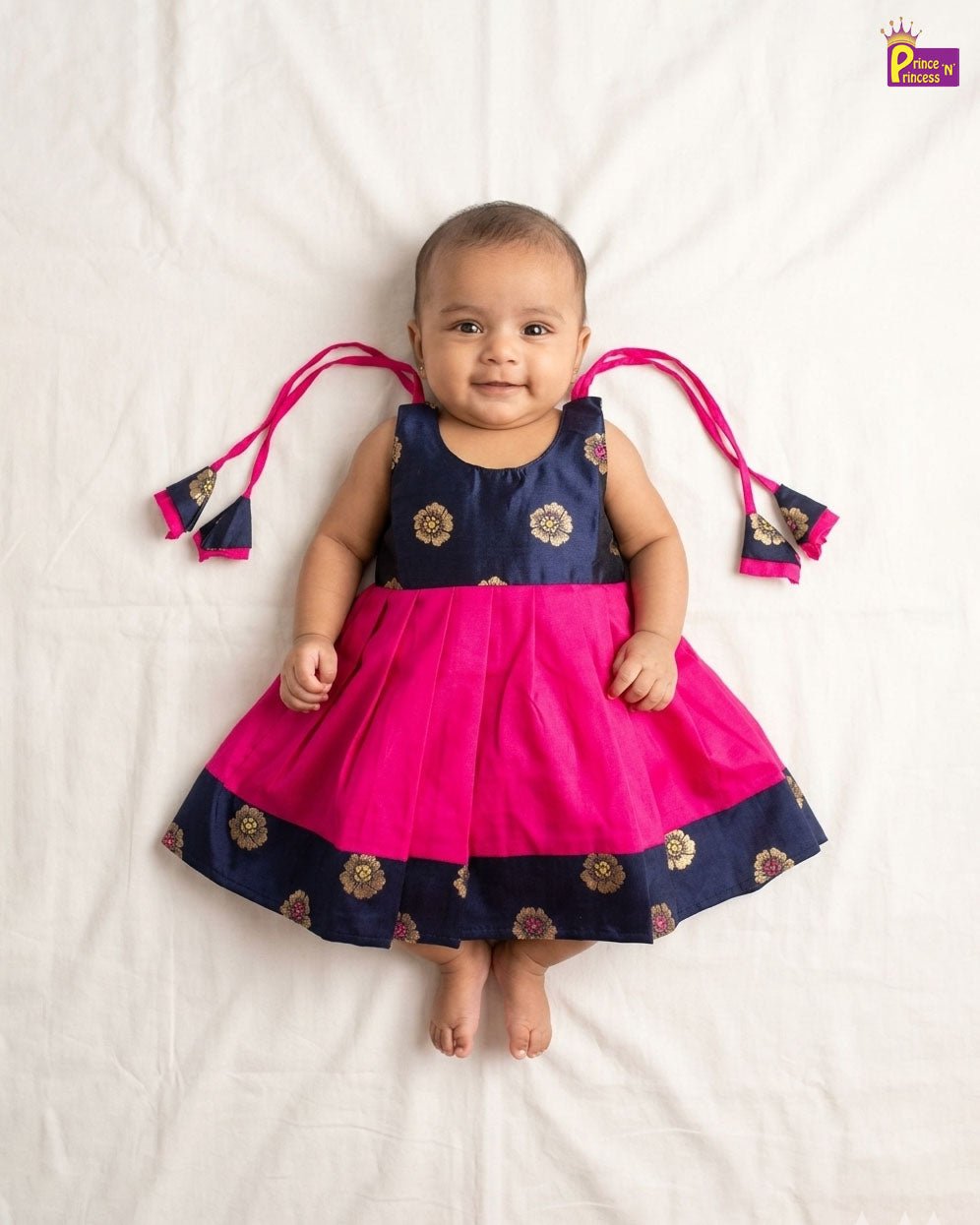 Toddlers Navy Blue PInk Raw Silk Pattu Frock LF1503 - Prince N Princess