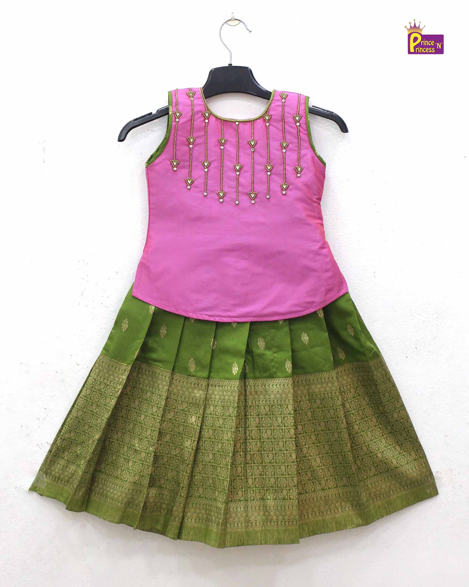 Toddlers Pink Green AARI Pattu Pavadai PPP1773 - Prince N Princess