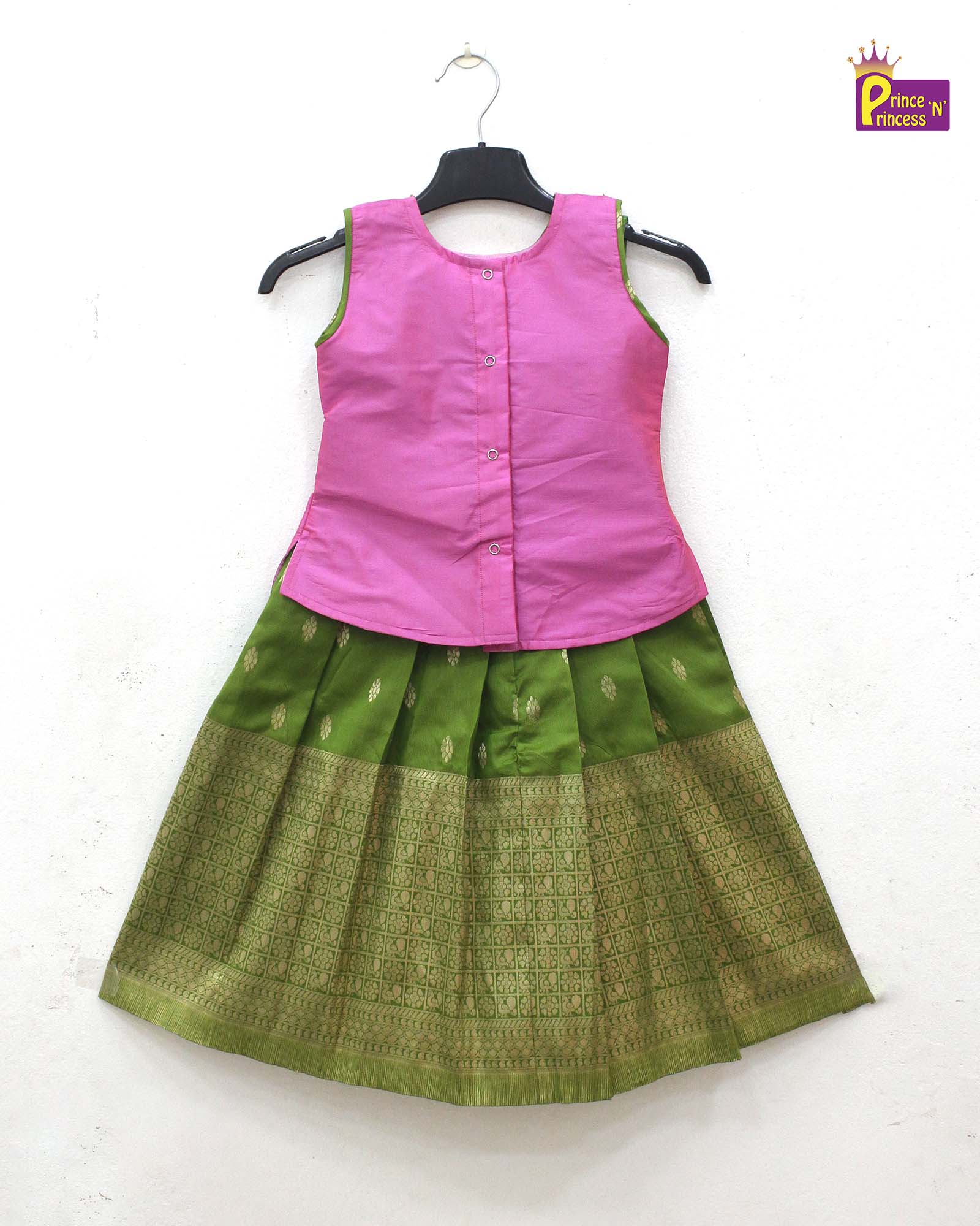 Toddlers Pink Green AARI Pattu Pavadai PPP1773 - Prince N Princess