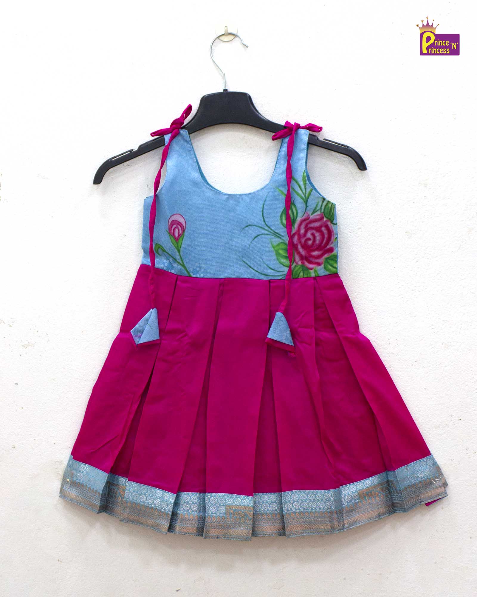 Toddlers Pink IWth Blue Raw Silk Pattu Frock LF1580 - Prince N Princess