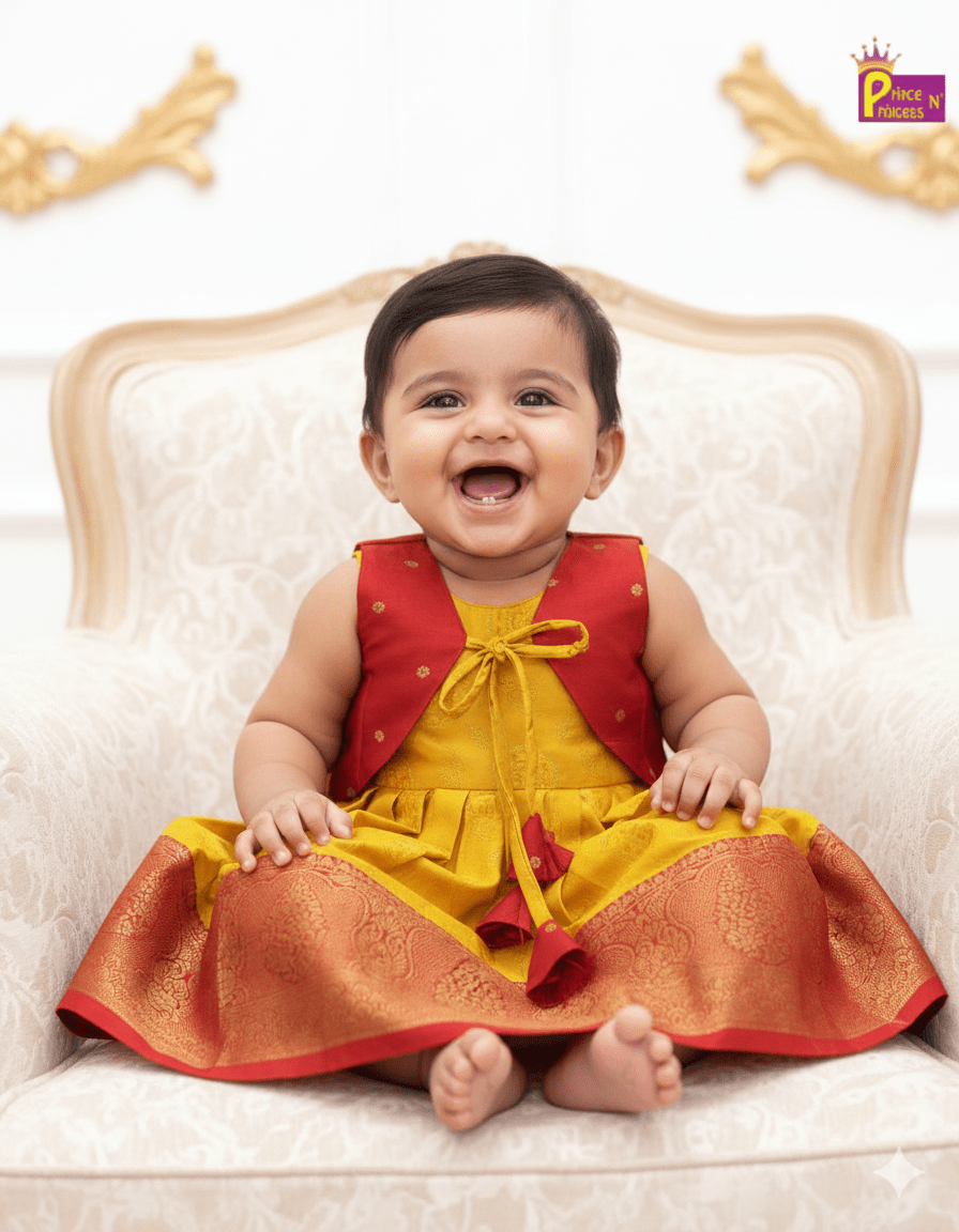 Toddlers Red Yellow Raw Silk Coat Frock LF416 - Prince N Princess