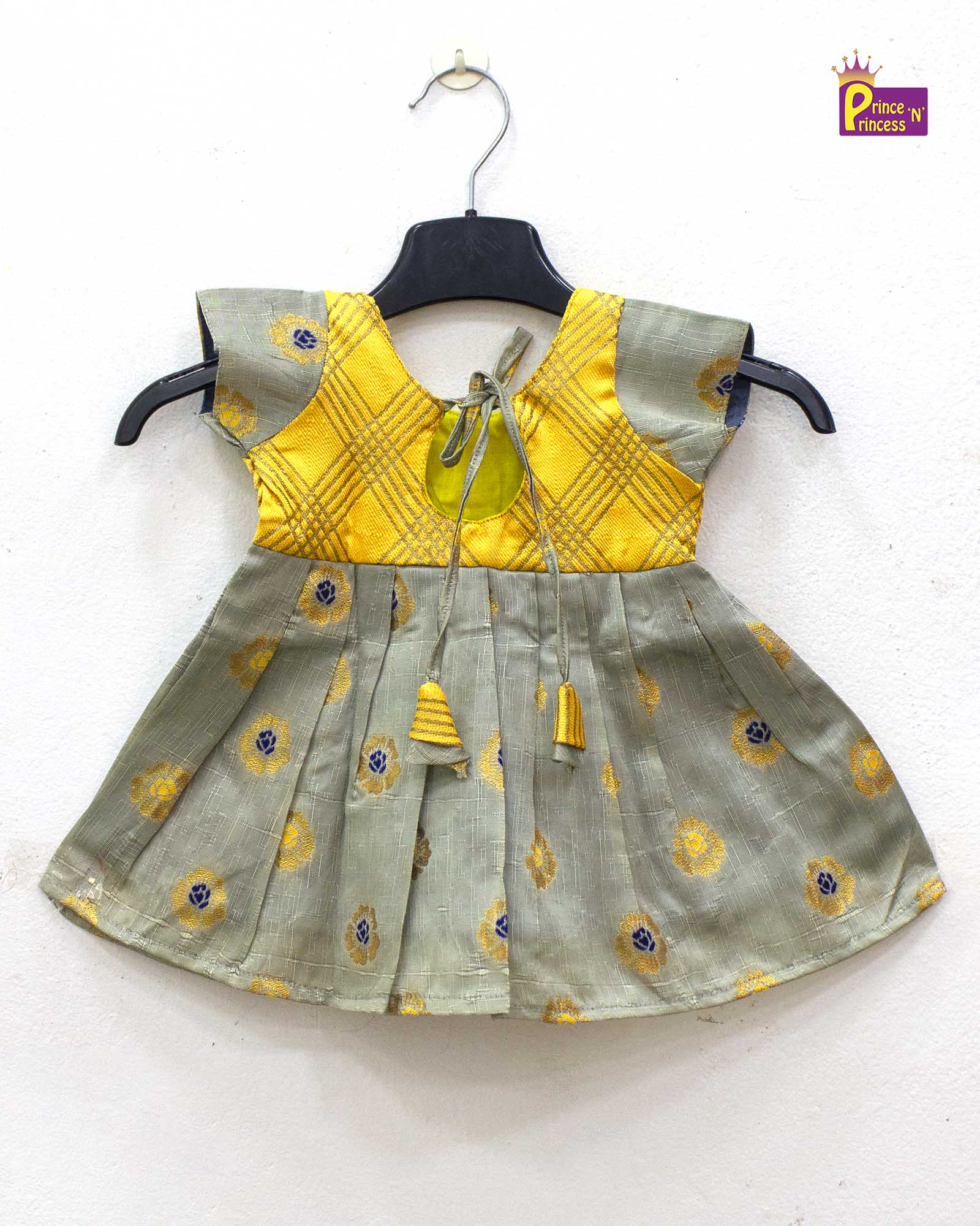 Toddlers Yellow With Grey Raw Silk Pattu Frock LF1506 - Prince N Princess