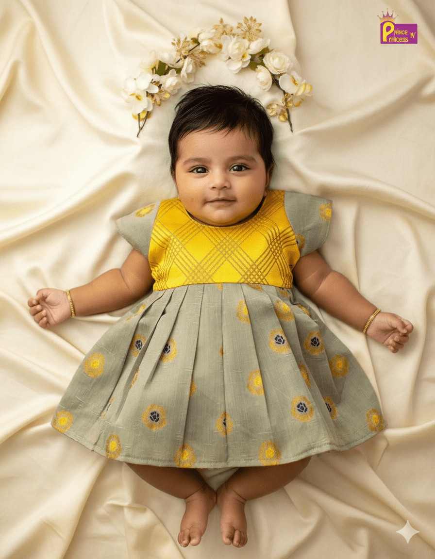 Toddlers Yellow With Grey Raw Silk Pattu Frock LF1506 - Prince N Princess