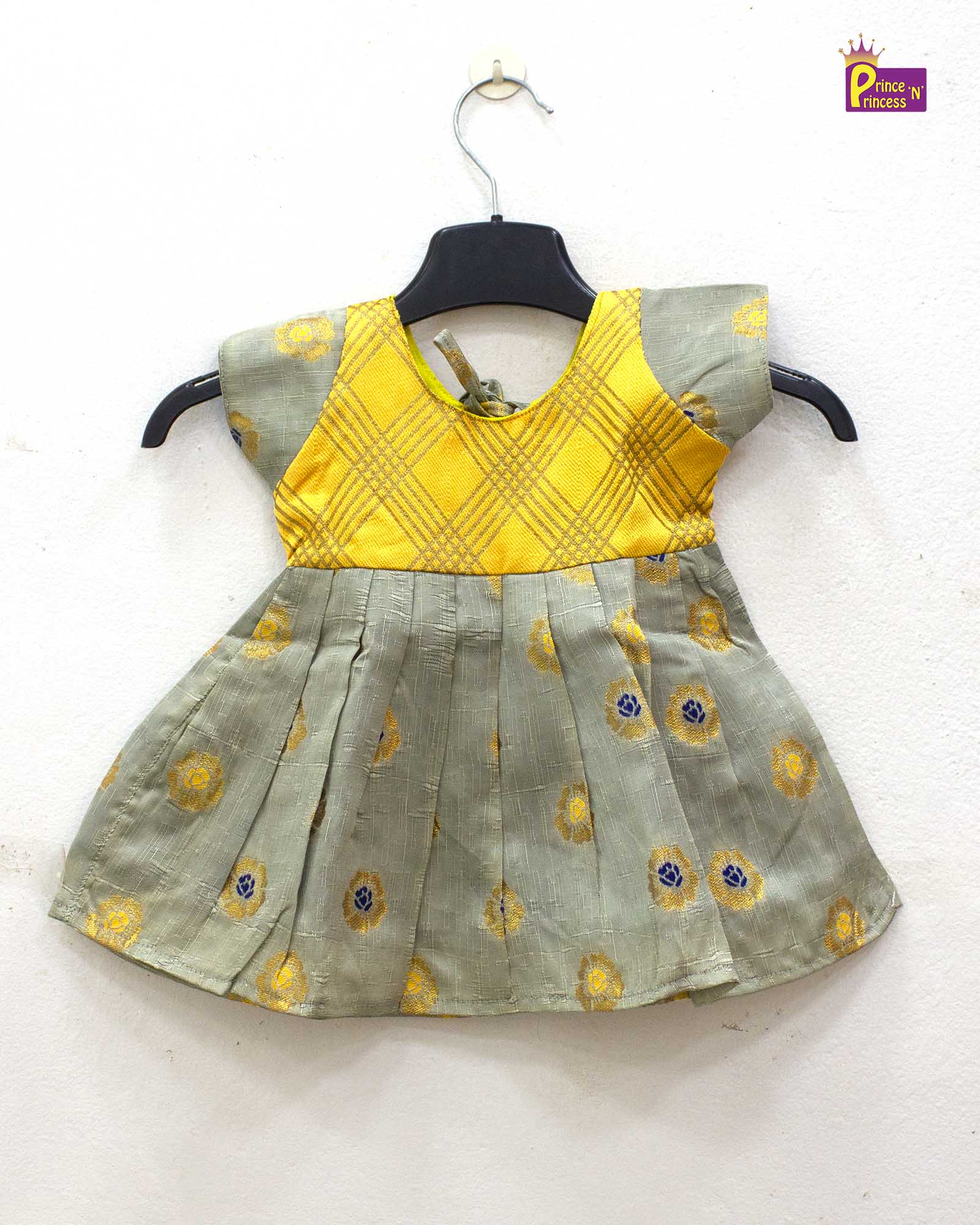 Toddlers Yellow With Grey Raw Silk Pattu Frock LF1506 - Prince N Princess