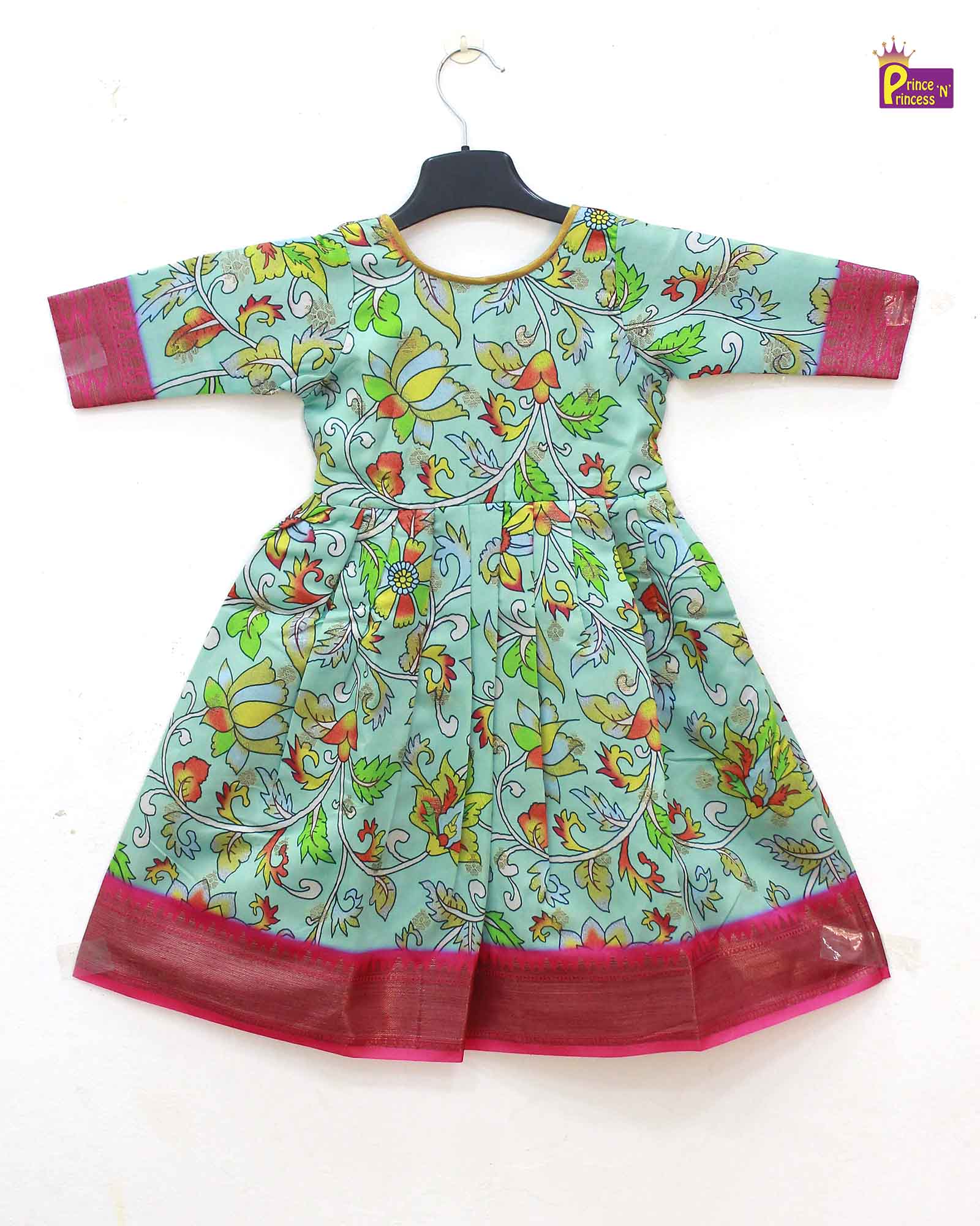 Traditional Blue Pink Kalamkari Design Gown PG328 - Prince N Princess