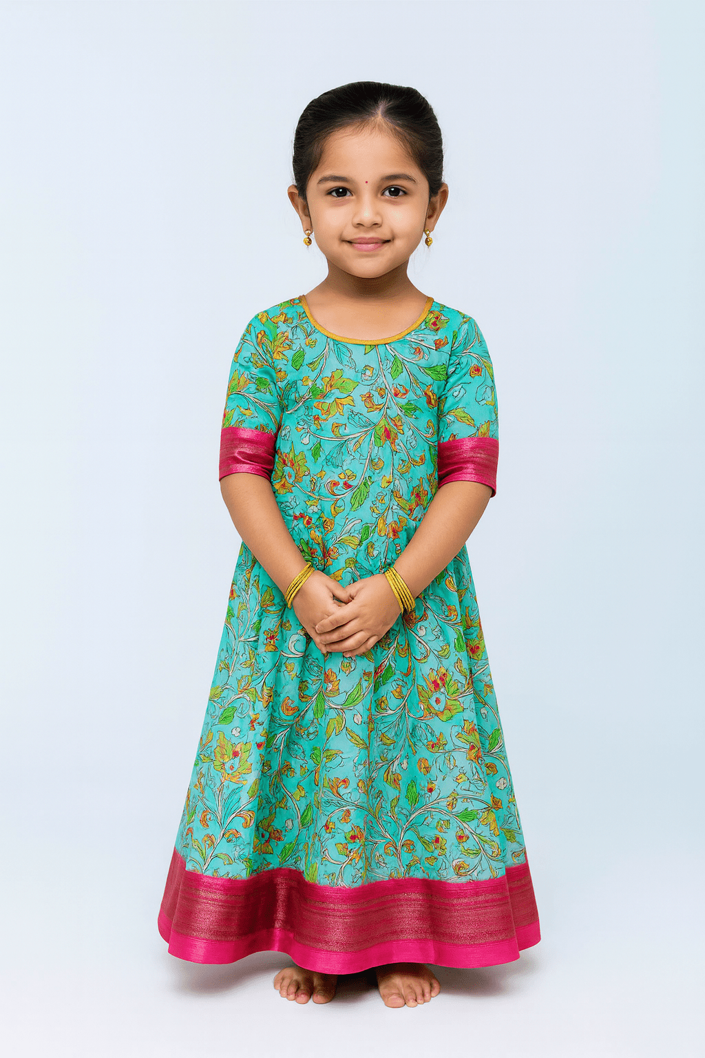 Traditional Blue Pink Kalamkari Design Gown PG328 - Prince N Princess