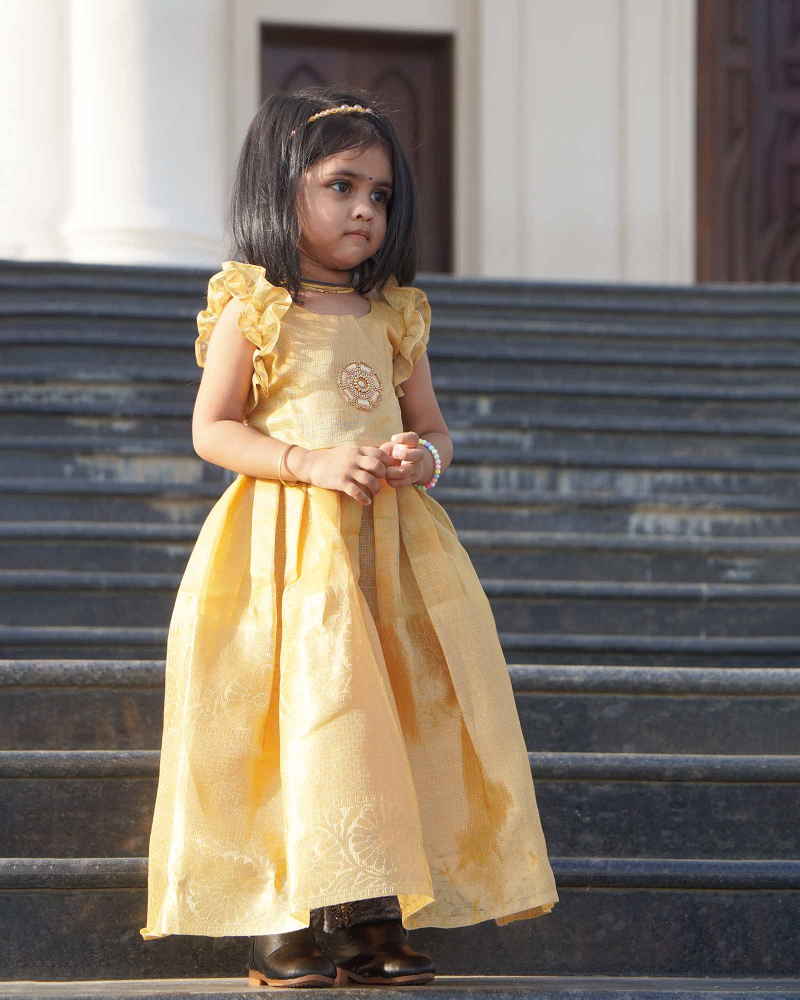 gold pattu gown frill sleeve traditional festival wear princenprincess