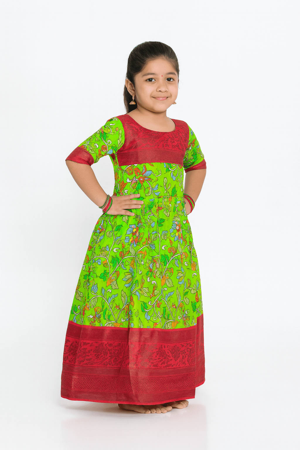 Traditional Green Pink Kalamkari Design Gown PG324 - Prince N Princess