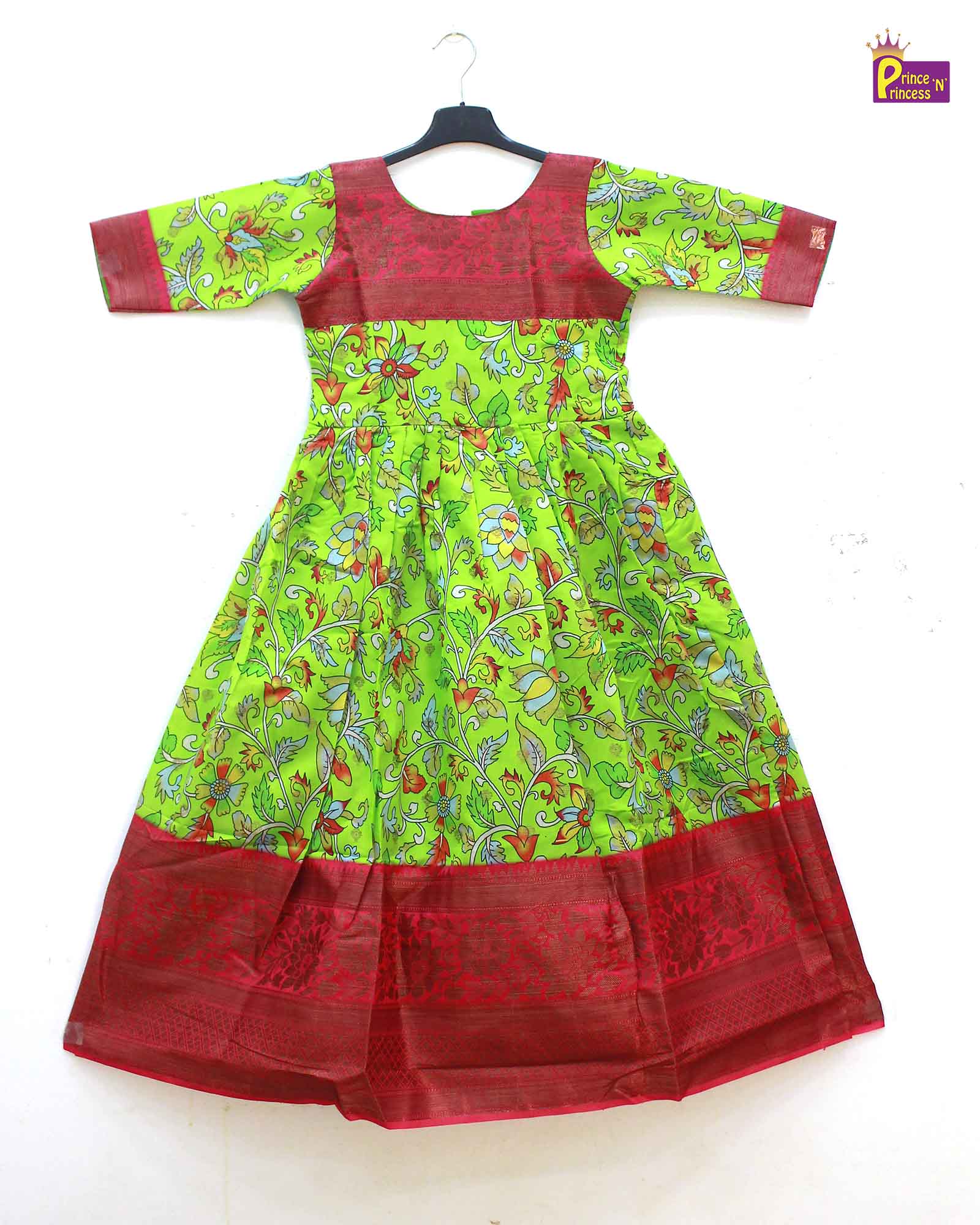 Traditional Green Pink Kalamkari Design Gown PG324 - Prince N Princess