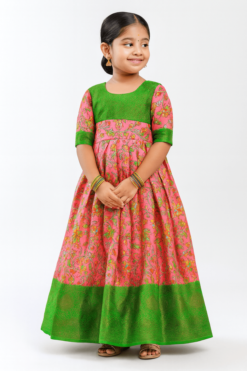 Traditional Green Pink Kalamkari Design Gown PG325 - Prince N Princess
