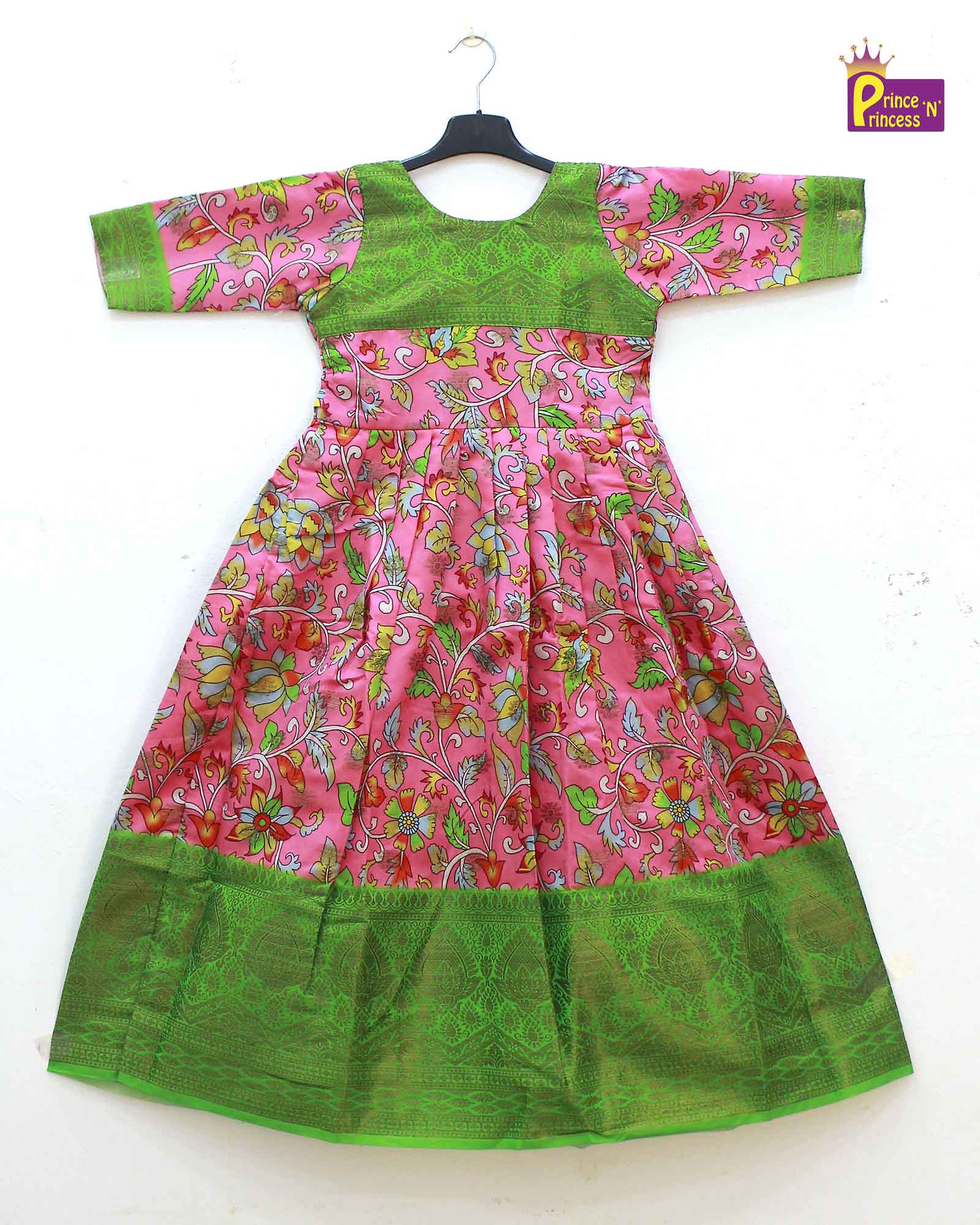 Traditional Green Pink Kalamkari Design Gown PG325 - Prince N Princess