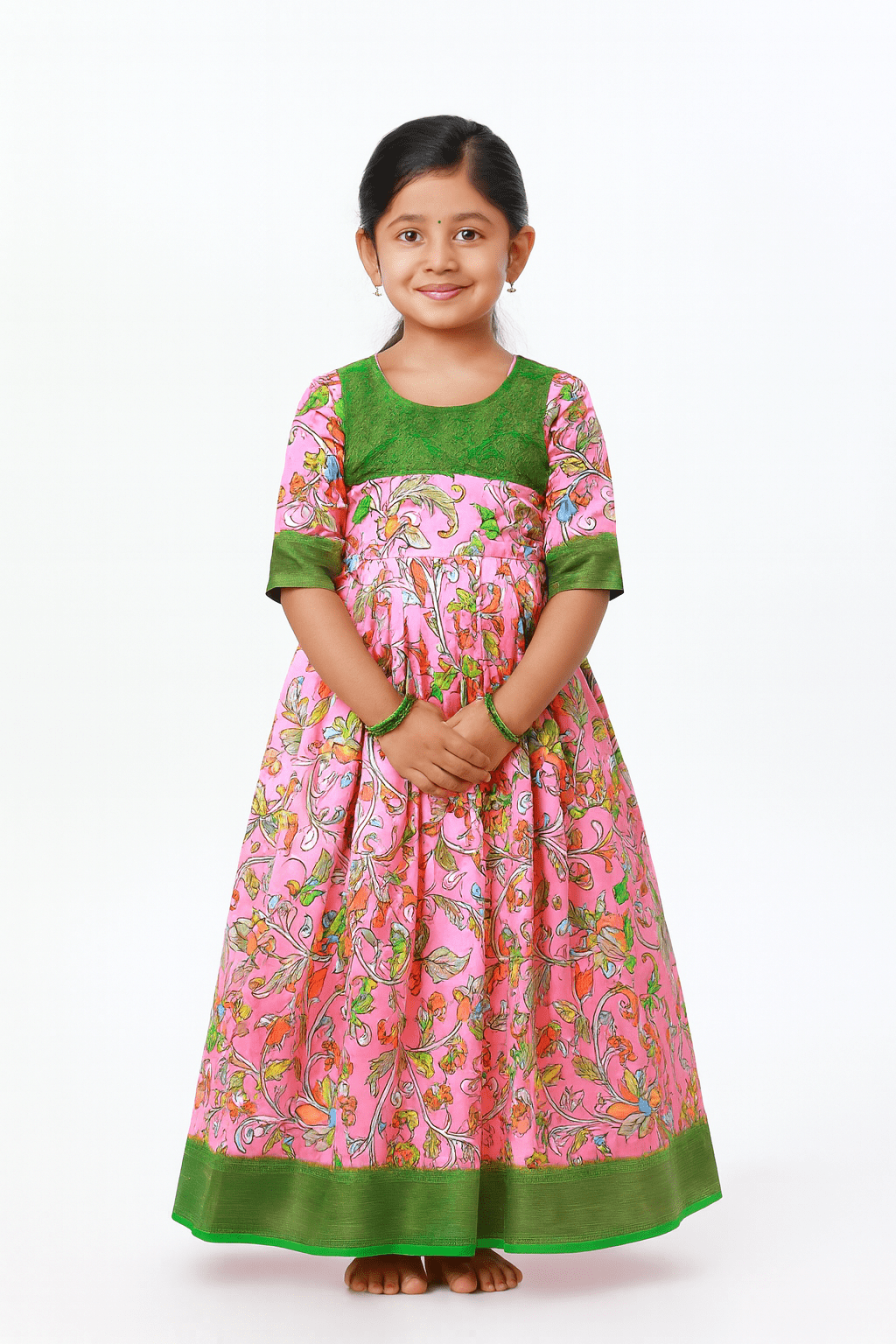 Traditional Green Pink Kalamkari Design Gown PG325 - Prince N Princess