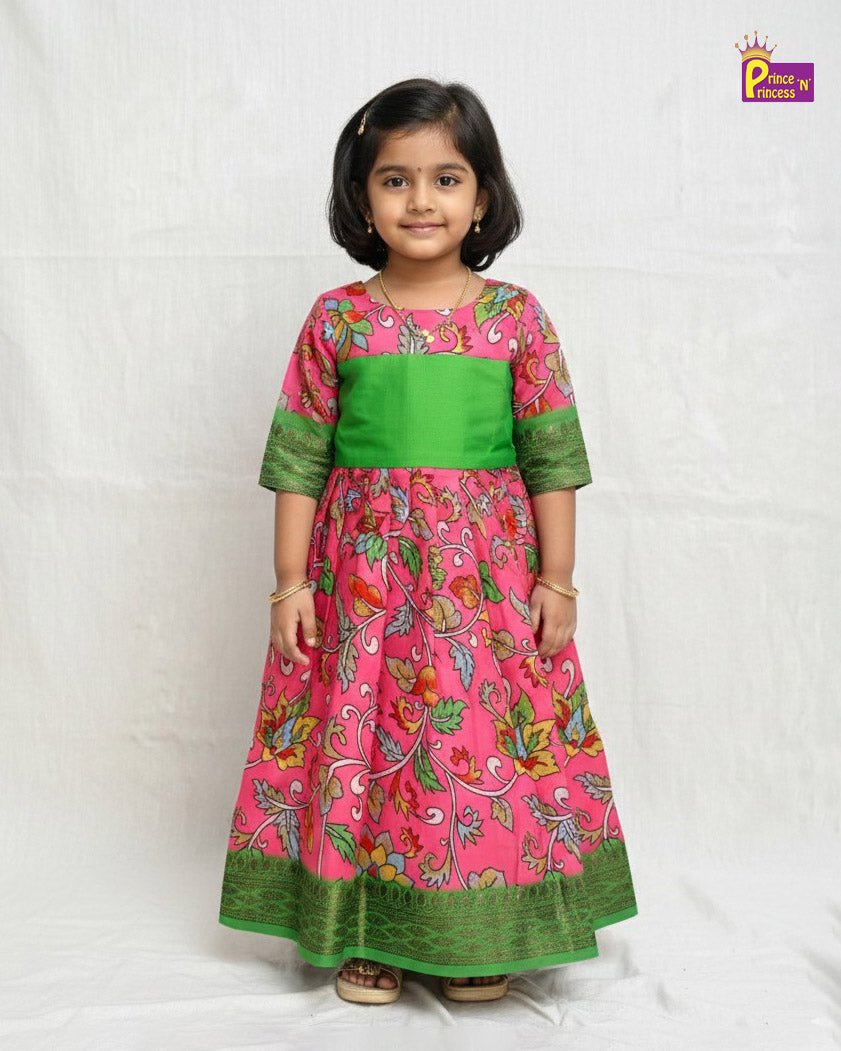 Traditional Green Pink Kalamkari Design Gown PG413 - Prince N Princess
