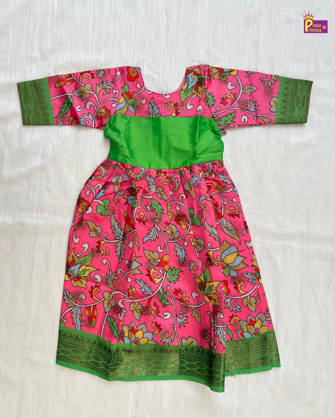 Traditional Green Pink Kalamkari Design Gown PG413 - Prince N Princess