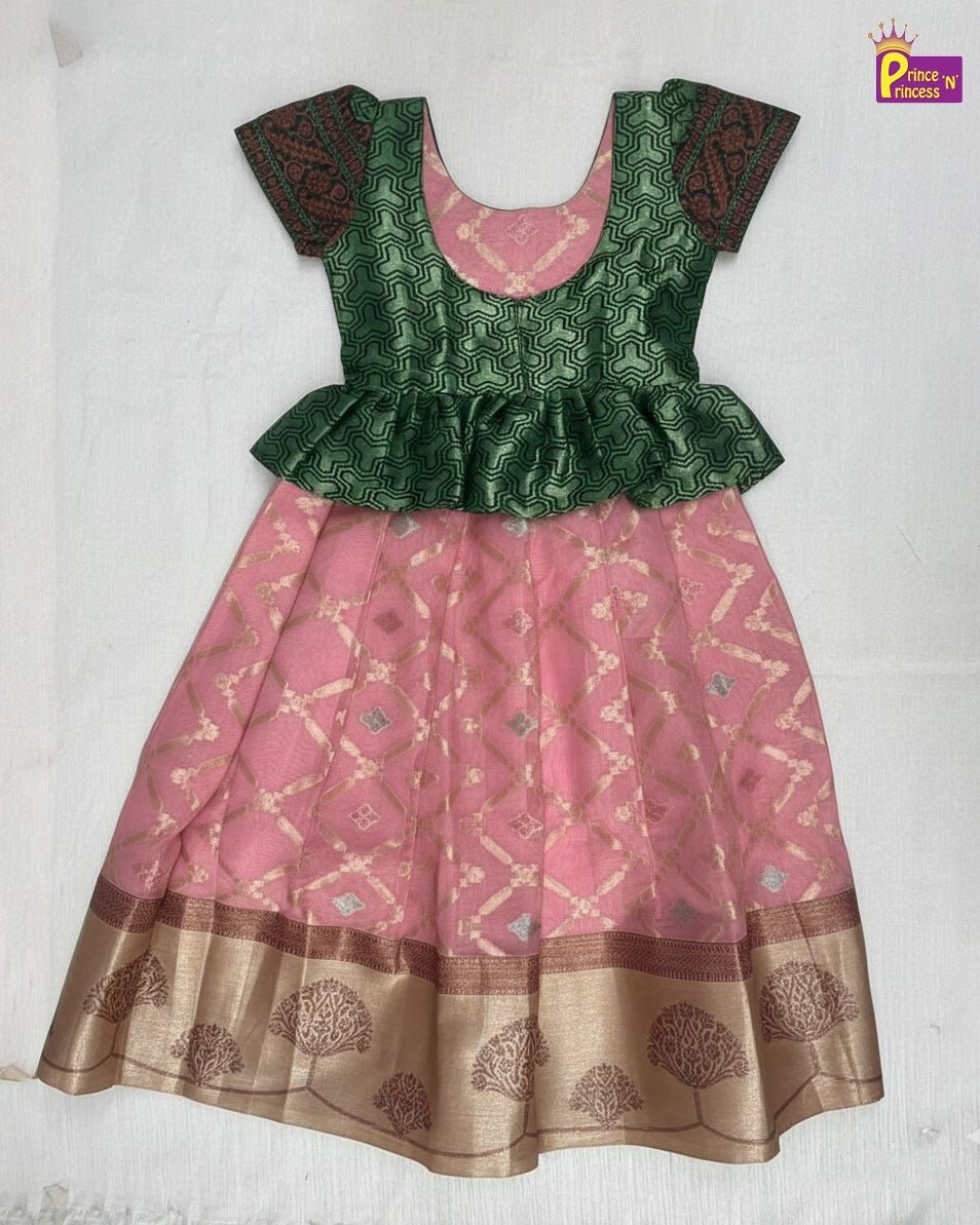 Traditional Green With Pink Banarasi Long Gown PG458 - Prince N Princess