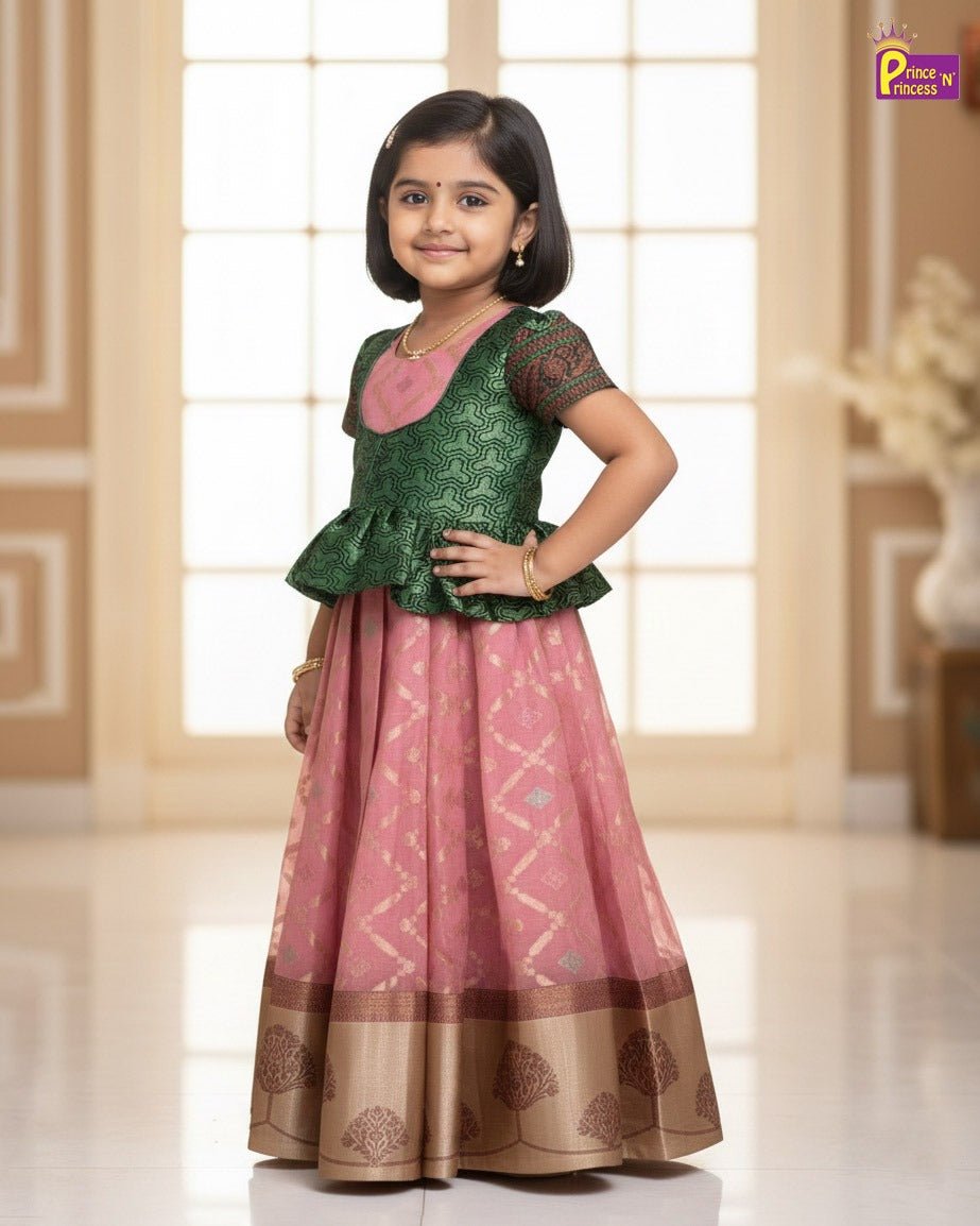 Traditional Green With Pink Banarasi Long Gown PG458 - Prince N Princess