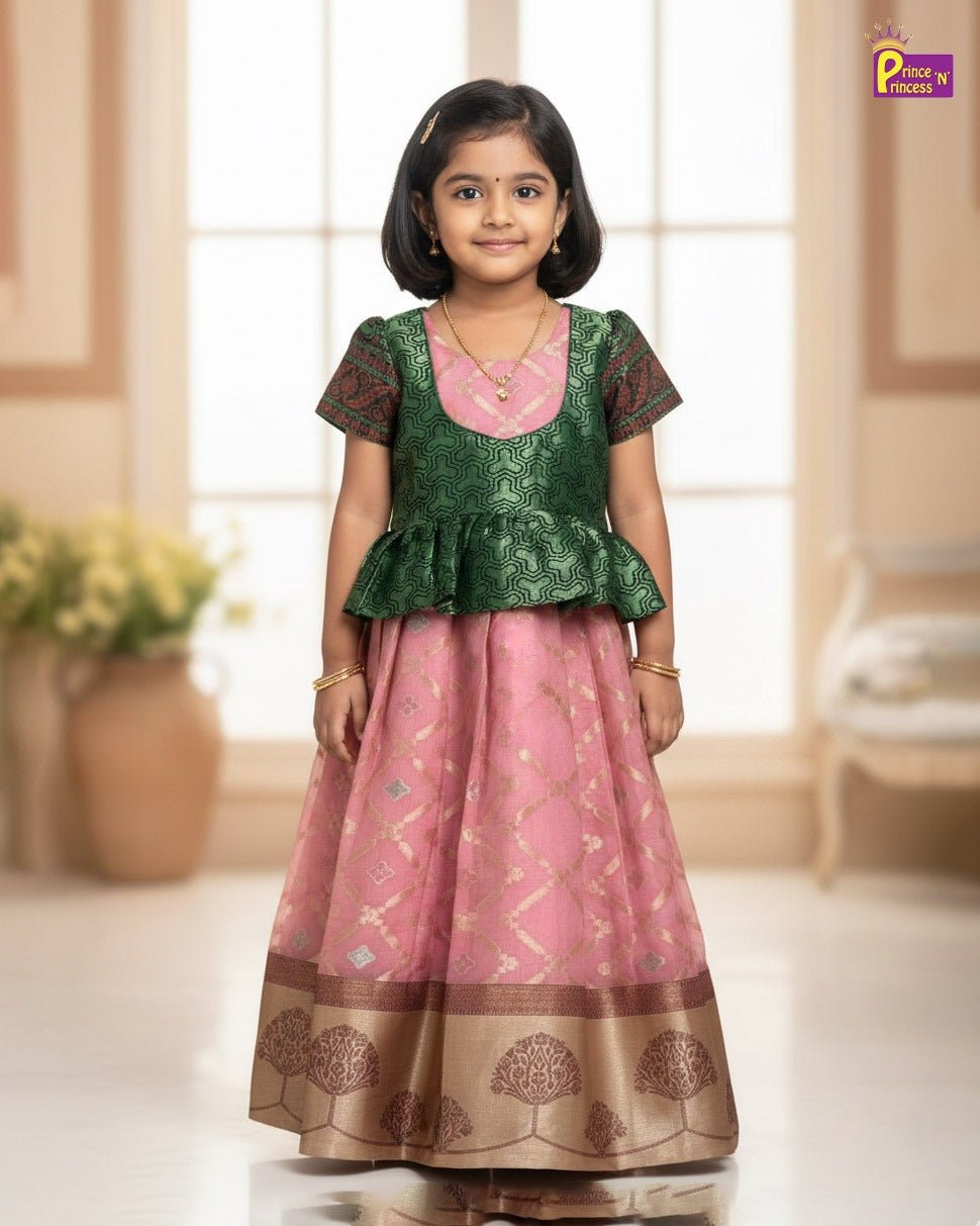 Traditional Green With Pink Banarasi Long Gown PG458 - Prince N Princess