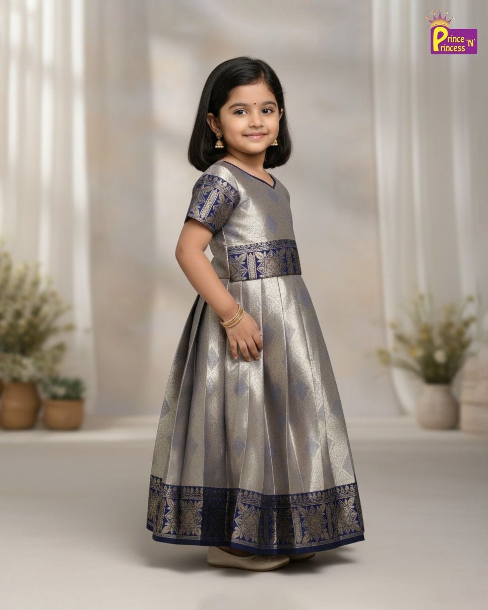Traditional Long Gown with Hip Belt Duppata in Navy PG549 - Prince N Princess