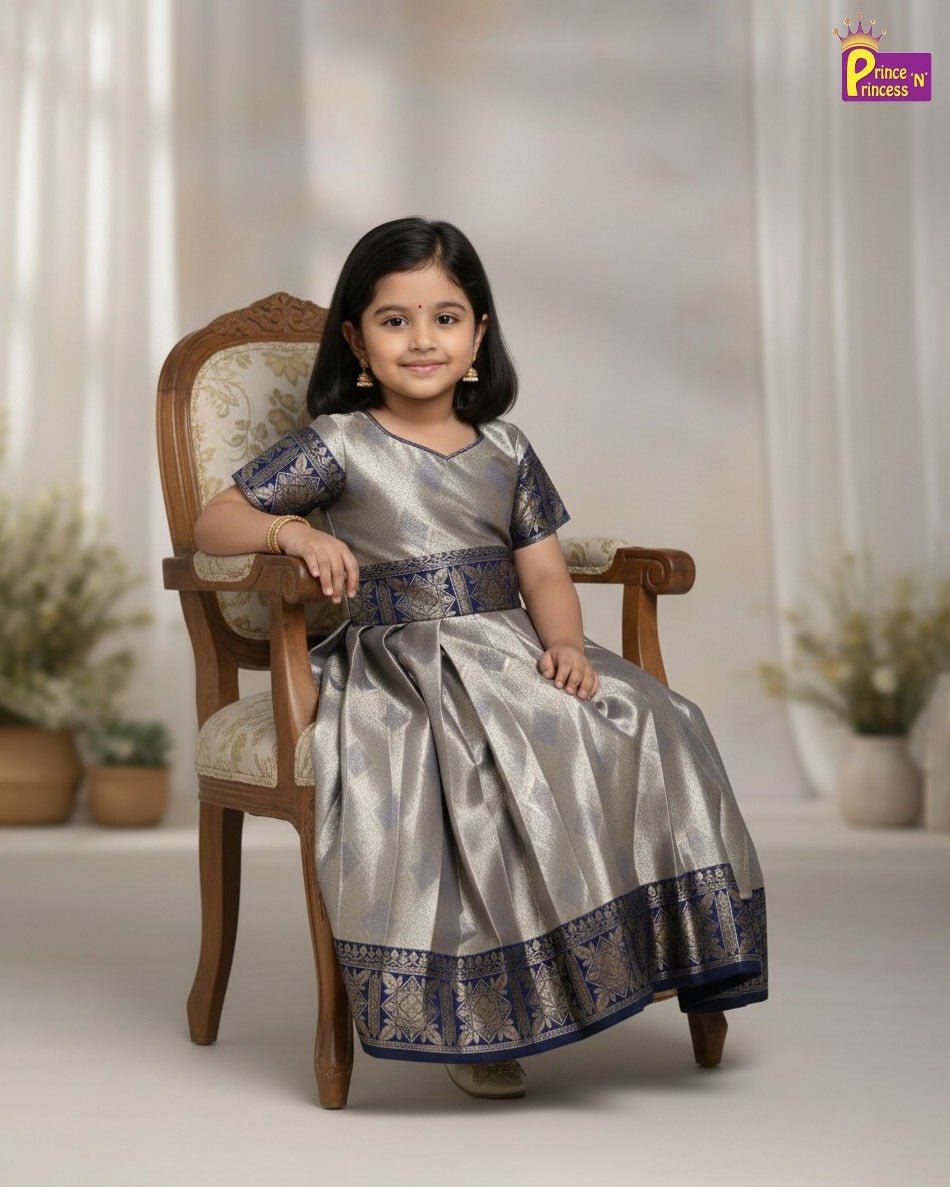 Traditional Long Gown with Hip Belt Duppata in Navy PG549 - Prince N Princess