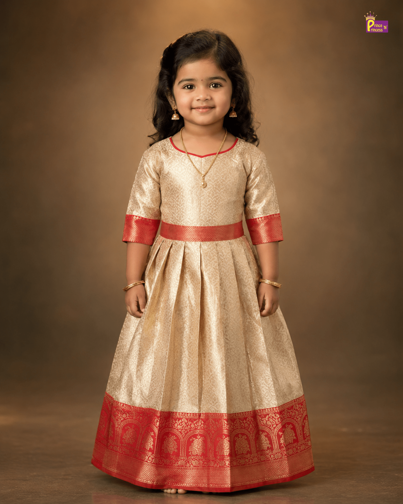 Traditional Long gown with hip belt in Red PG508 for kids festival wear