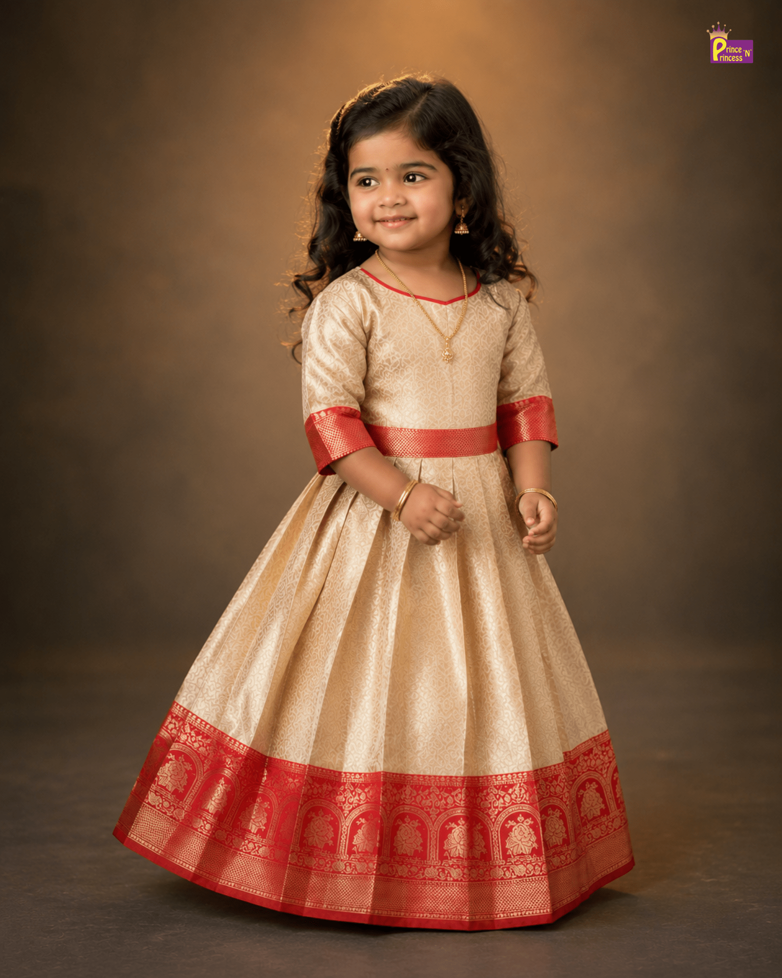 Traditional Long gown with hip belt in Red PG508 for kids festival wear