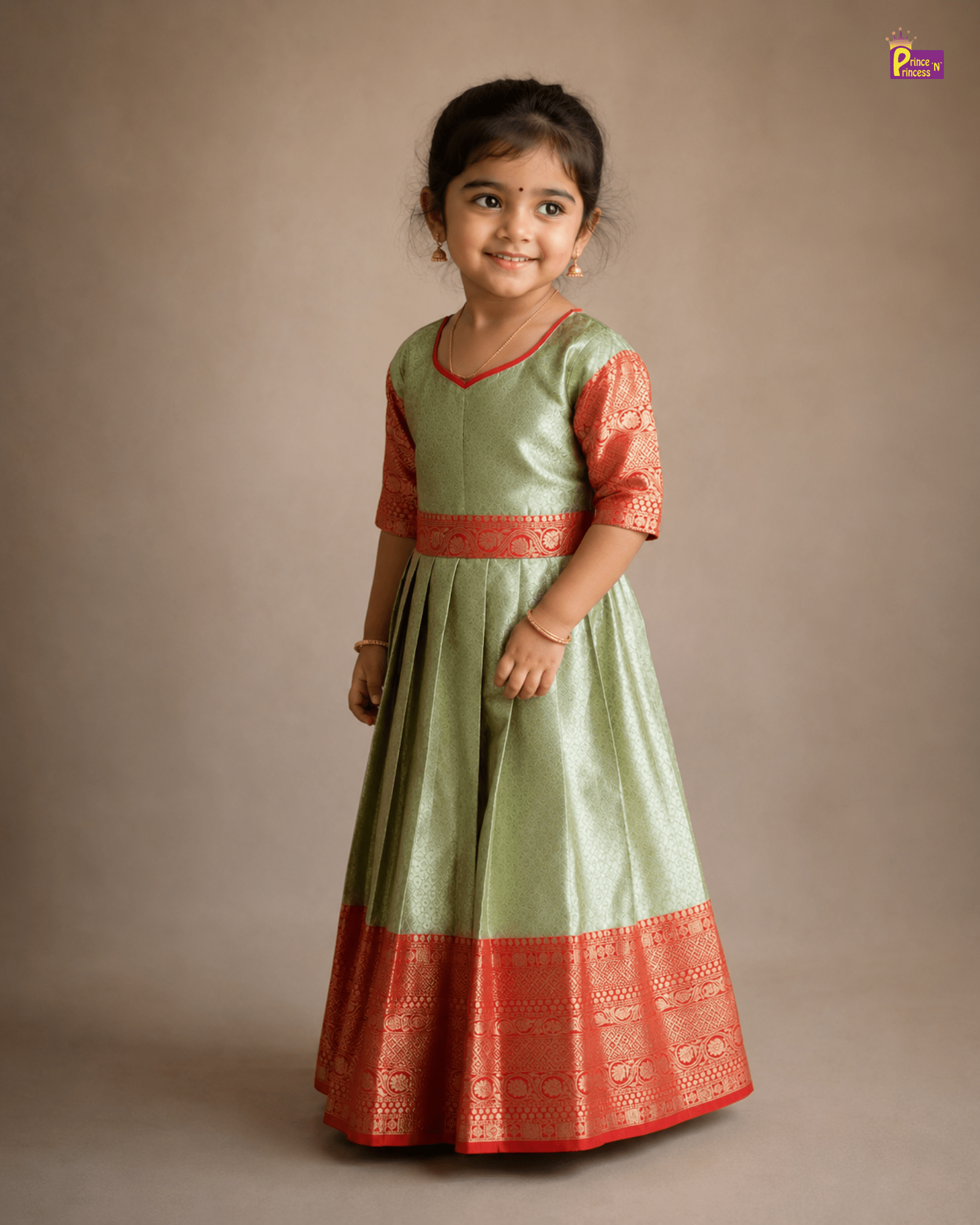 Traditional Long gown with hip belt in Red with Green PG514 for kids festival wear