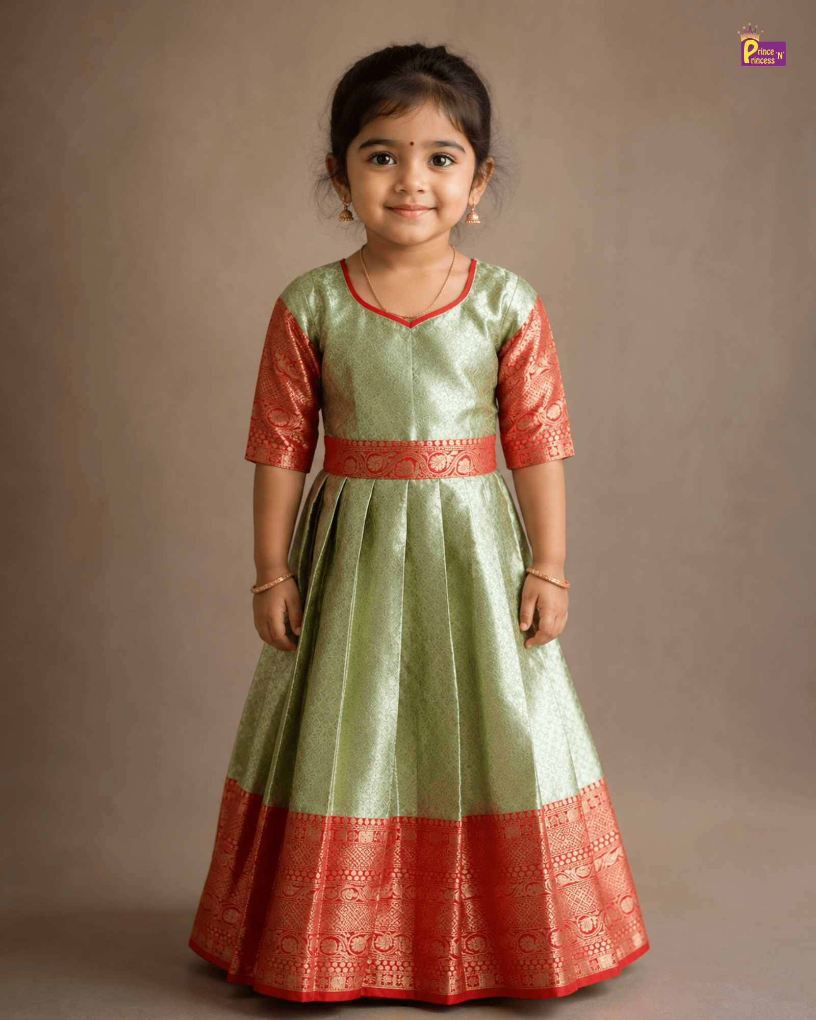 Traditional Long gown with hip belt in Red with Green PG514 for kids festival wear