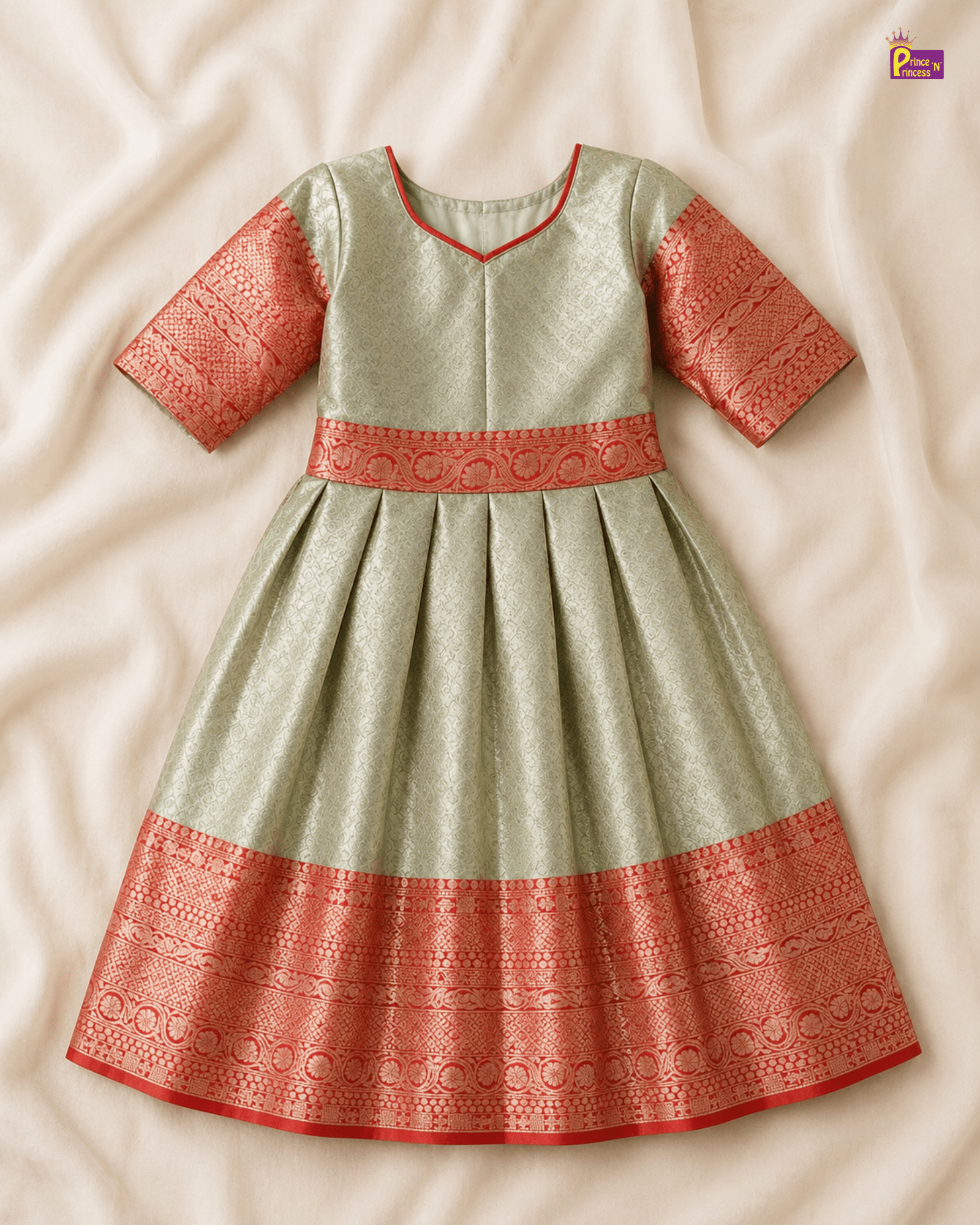 Traditional Long gown with hip belt in Red with Green PG514 for kids festival wear