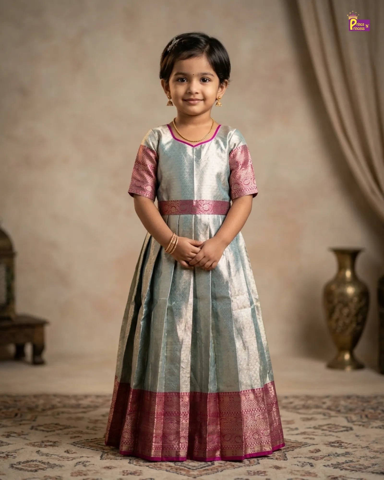 Traditional Magenta Long gown with hip belt PG515 for kids festival wear