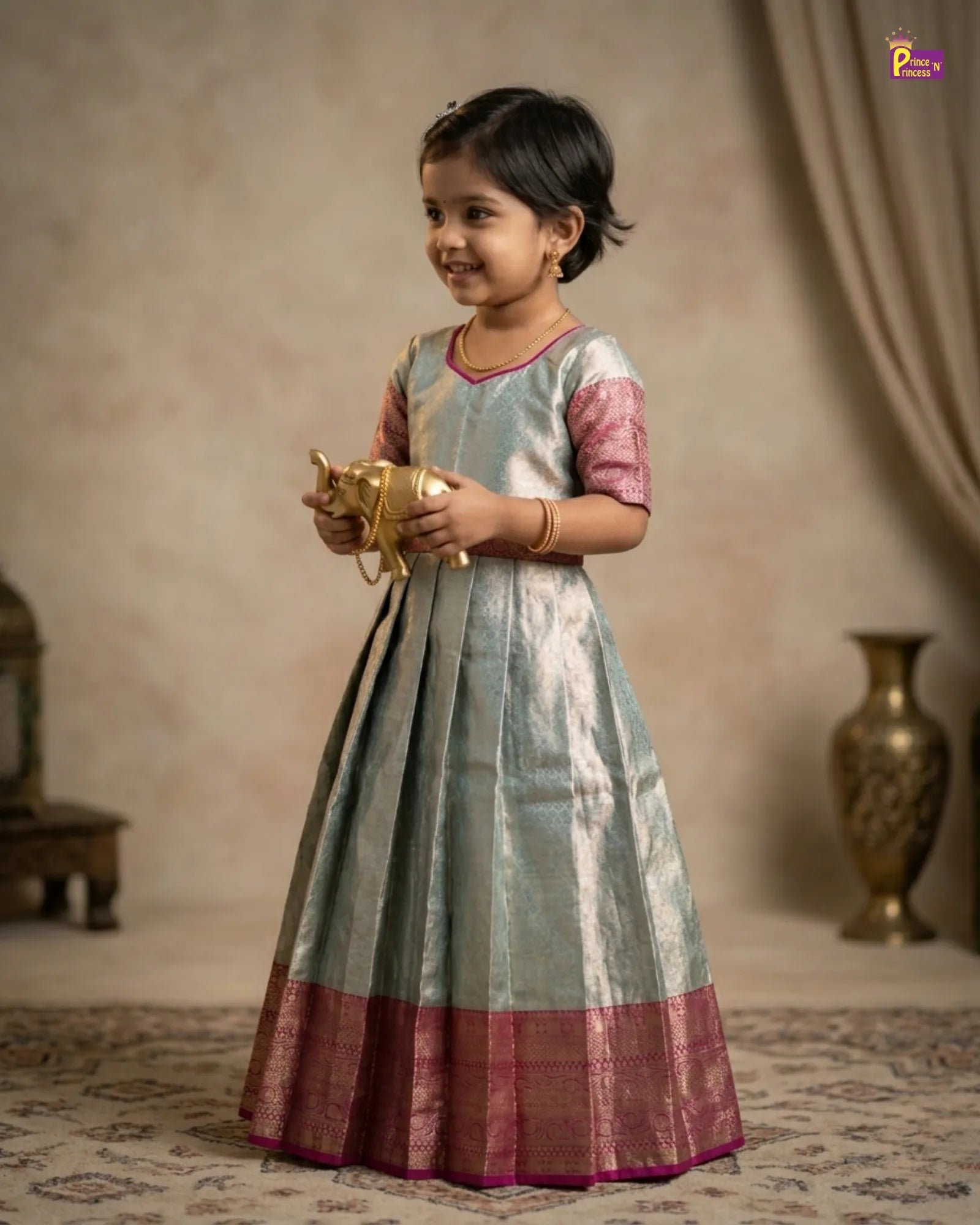 Traditional Magenta Long gown with hip belt PG515 for kids festival wear