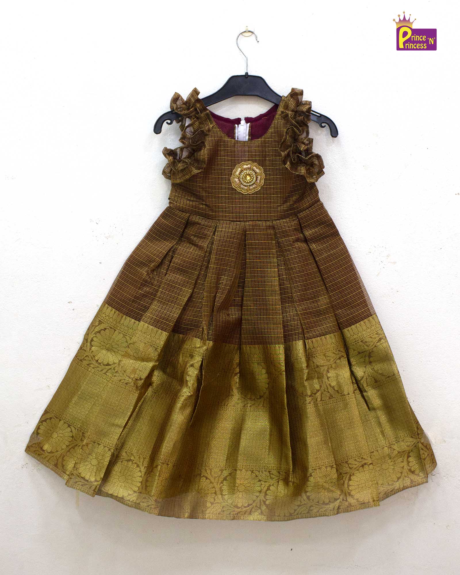 Traditional Maroon tissue long gown PG596 for kids festival wear