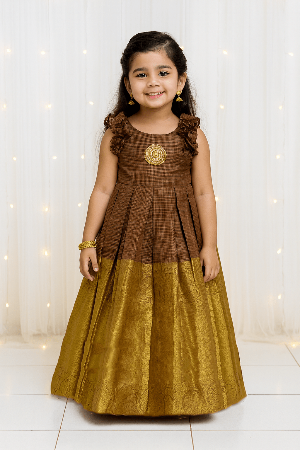 Traditional Maroon tissue long gown PG596 for kids festival wear