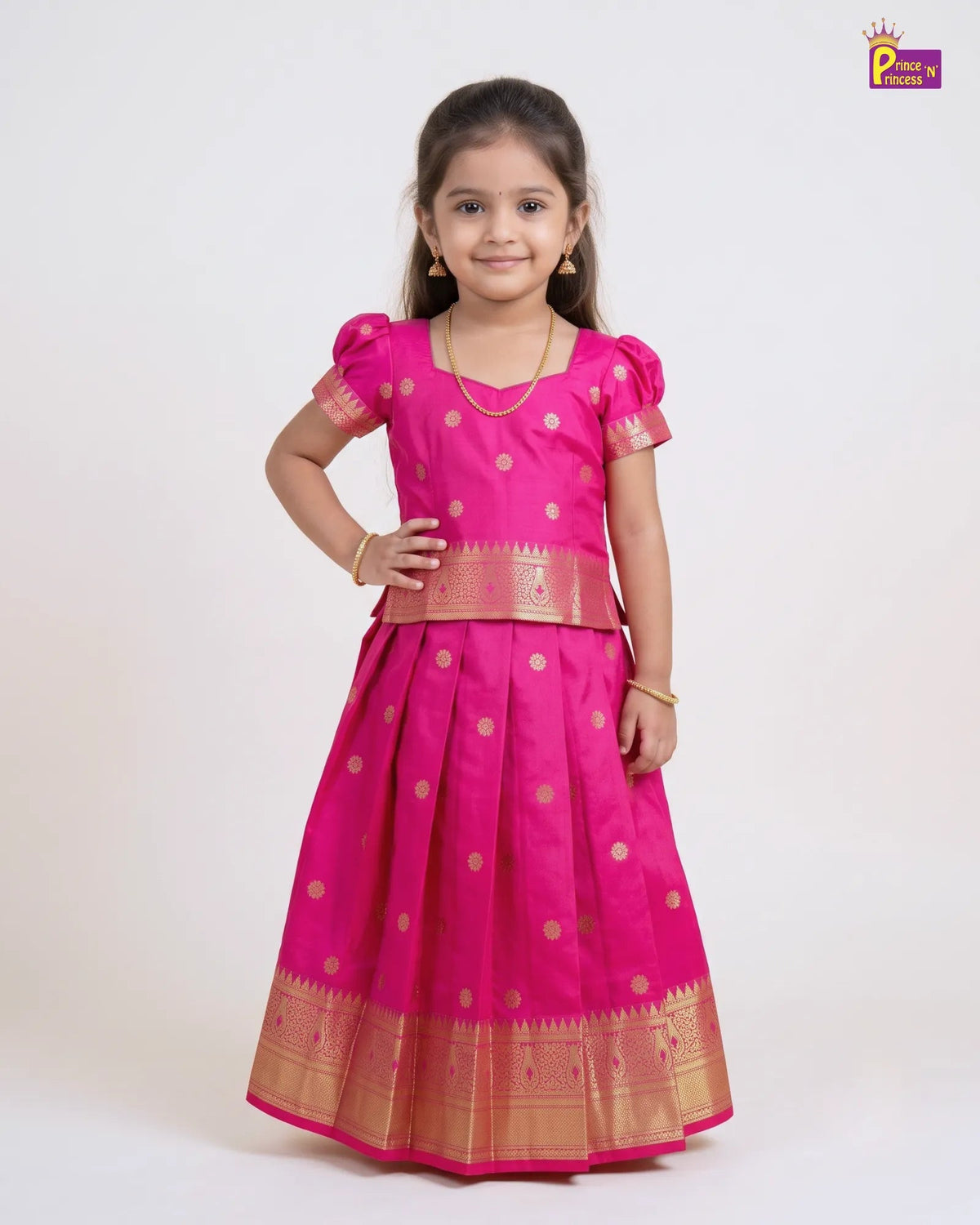 Traditional Pattu Pavadai for Girls - Rani Pink Gold Diwali Set PPP2177 for kids festival wear