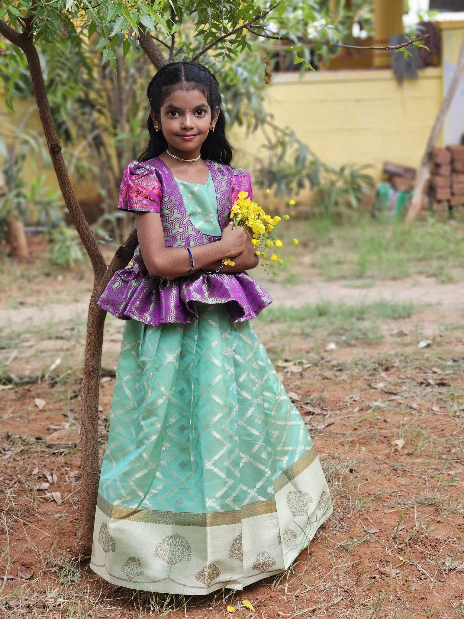 Traditional Rama Green With Purple Long gown PG457 - Prince N Princess