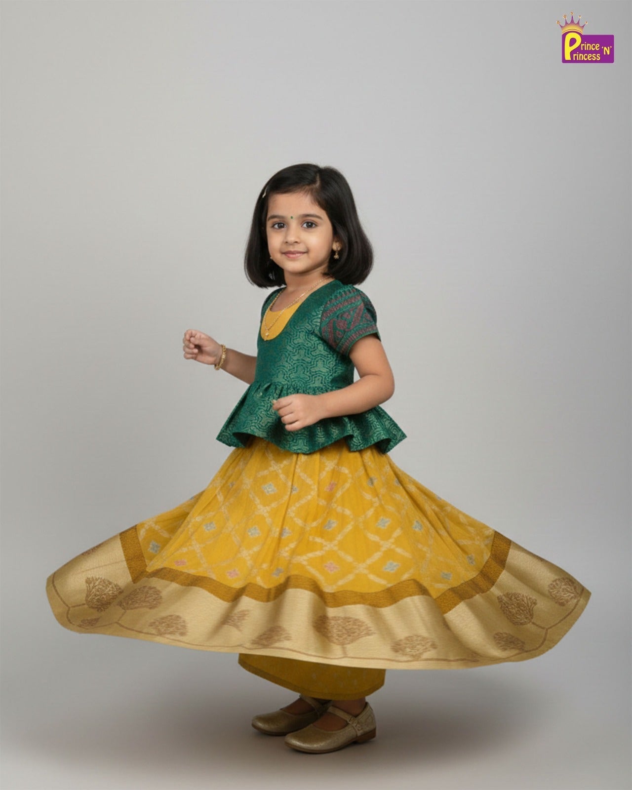 Traditional Rama Green With Yellow Banarasi Long Gown PG460 - Prince N Princess