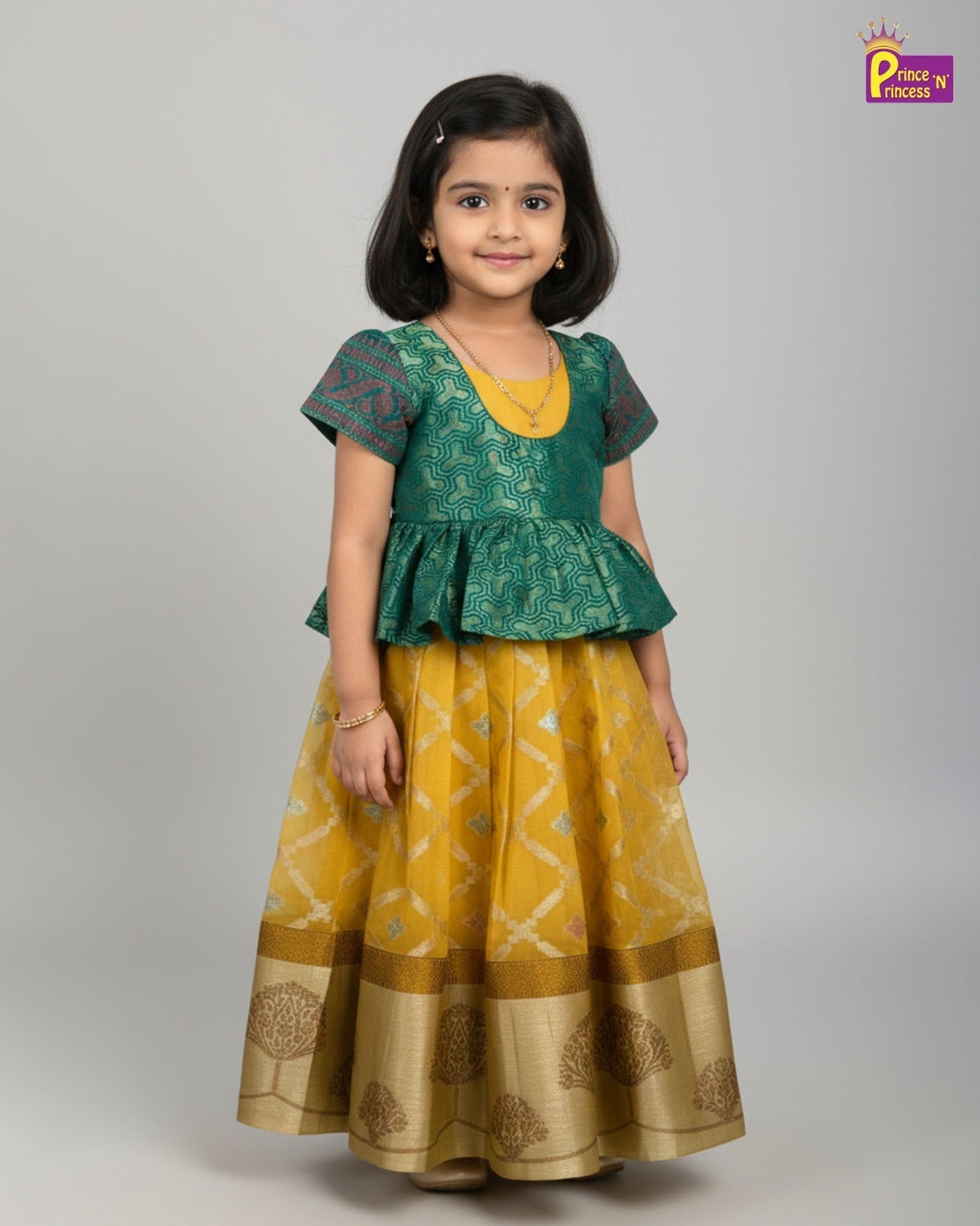 Traditional Rama Green With Yellow Banarasi Long Gown PG460 - Prince N Princess