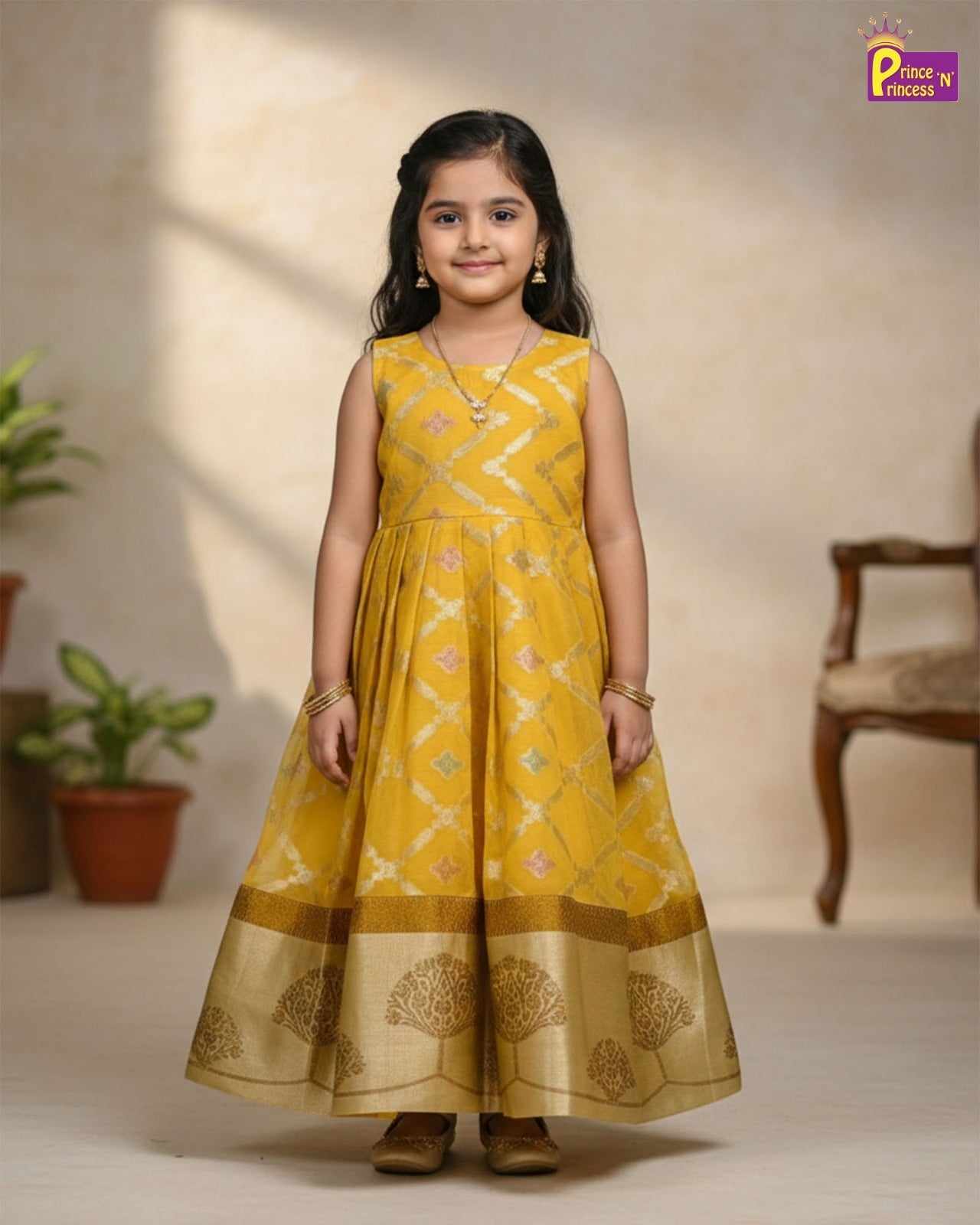 Traditional Rama Green With Yellow Banarasi Long Gown PG460 - Prince N Princess