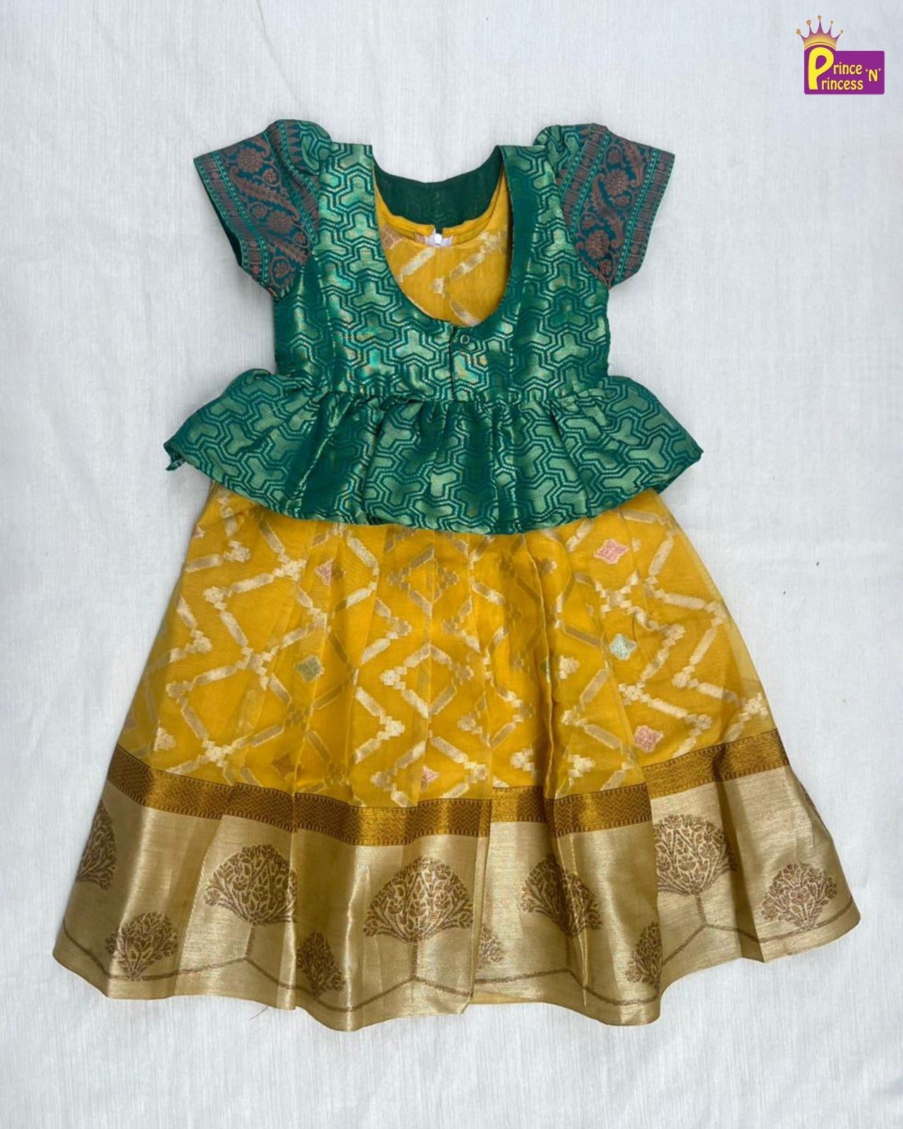 Traditional Rama Green With Yellow Banarasi Long Gown PG460 - Prince N Princess