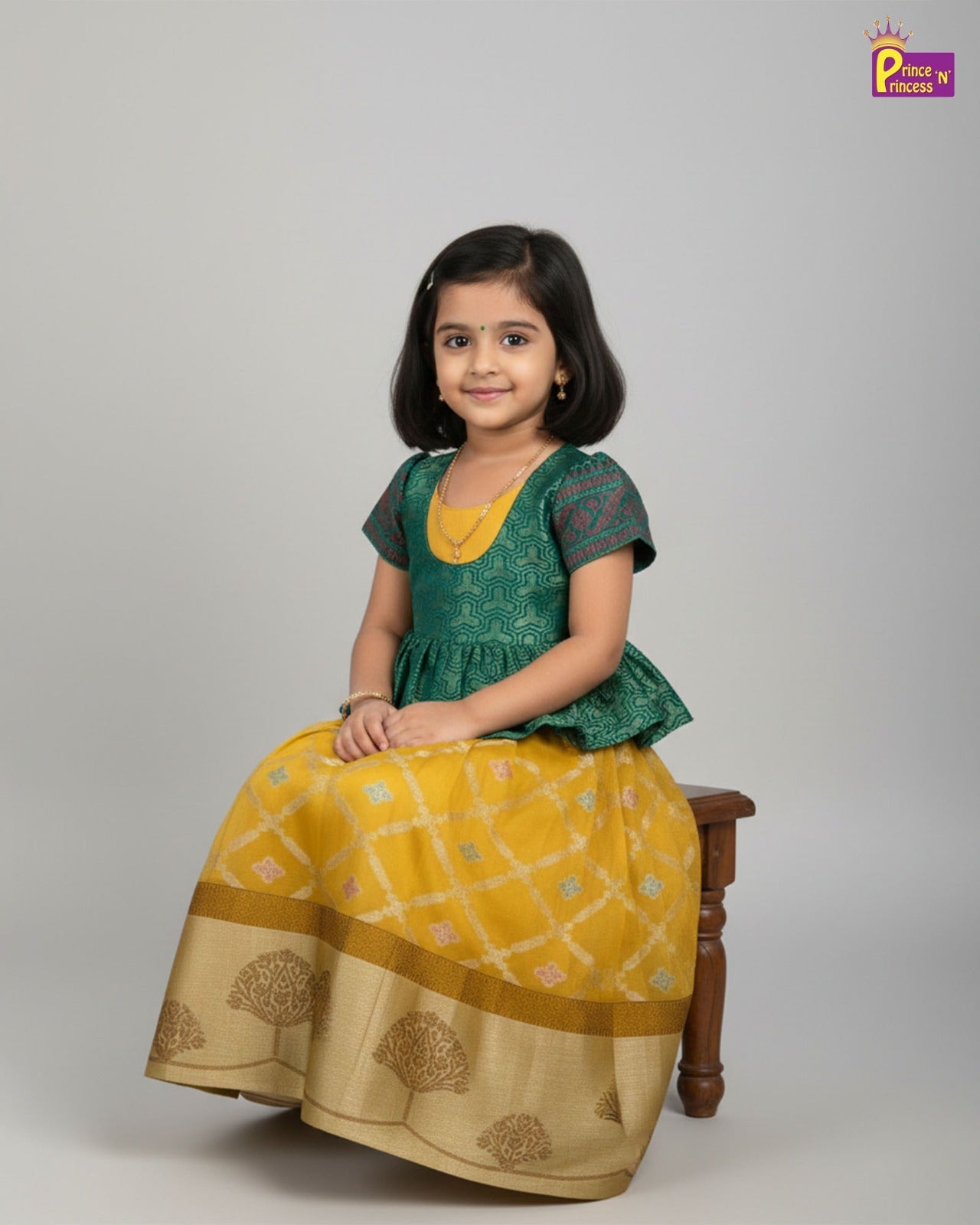 Traditional Rama Green With Yellow Banarasi Long Gown PG460 - Prince N Princess