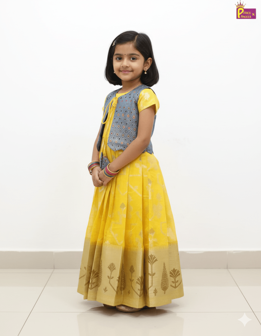 pattu gown yellow blue banarasi coat baby silk gown princenprincess