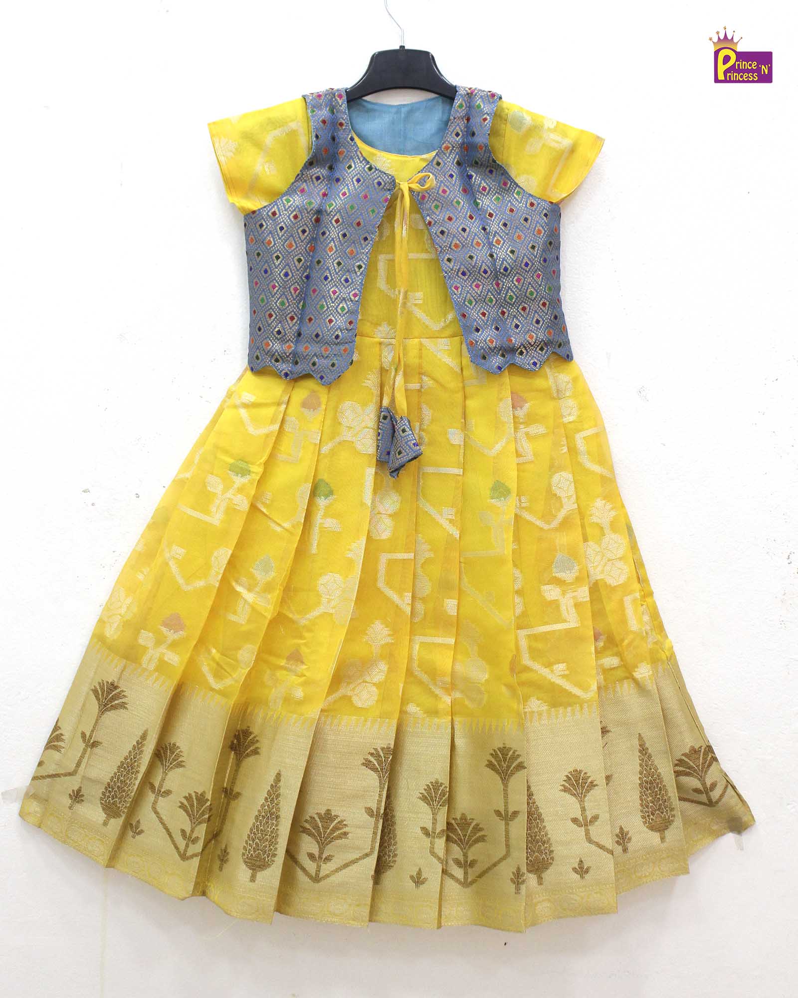 pattu gown yellow blue banarasi coat baby silk gown princenprincess