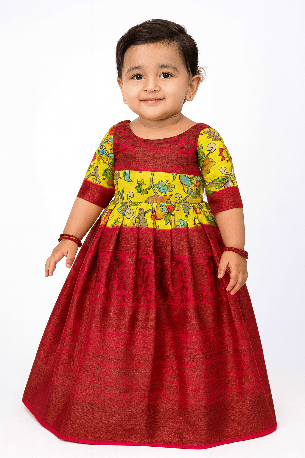 Traditional Yellow Pink Kalamkari Design Gown PG323 - Prince N Princess