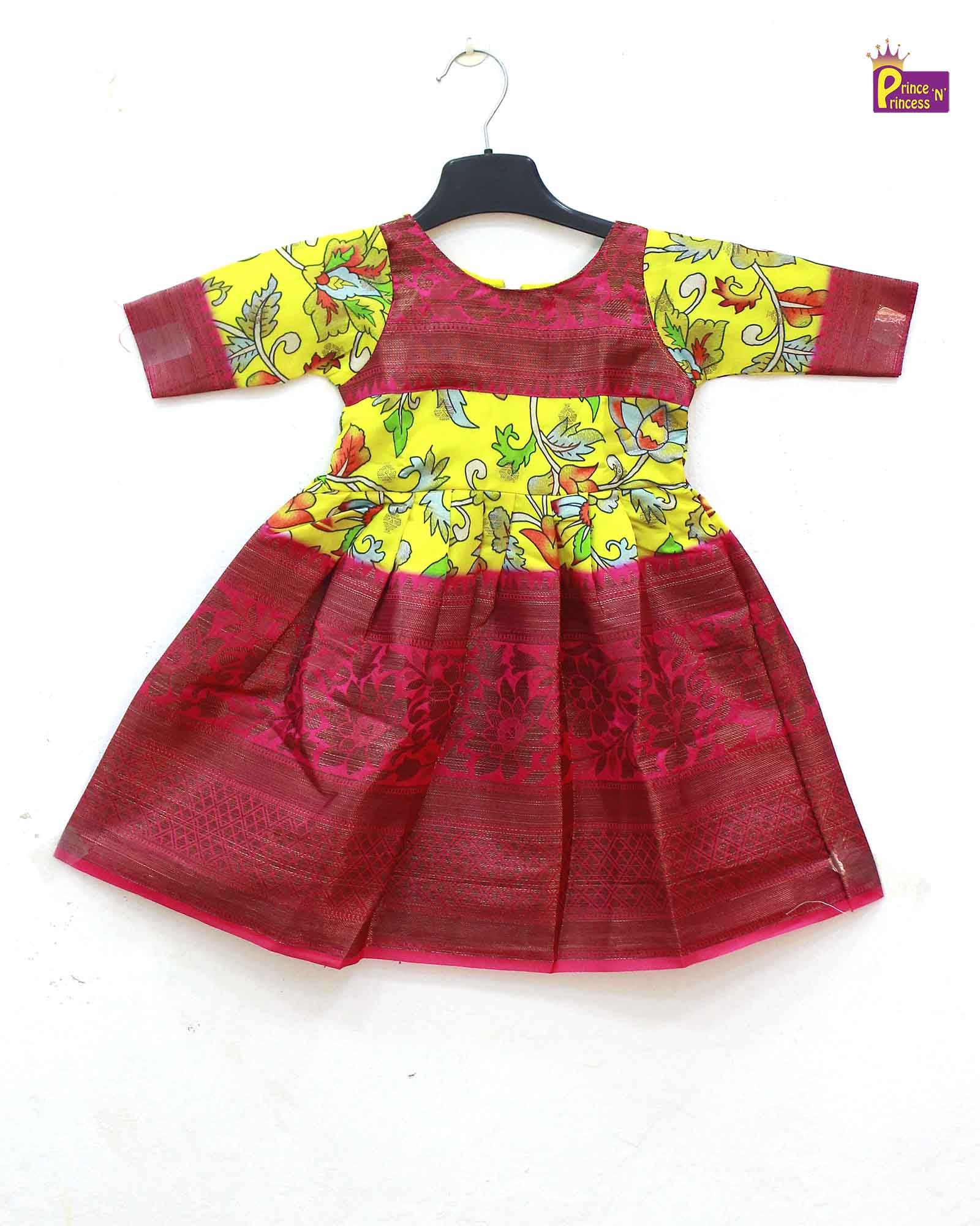 Traditional Yellow Pink Kalamkari Design Gown PG323 - Prince N Princess