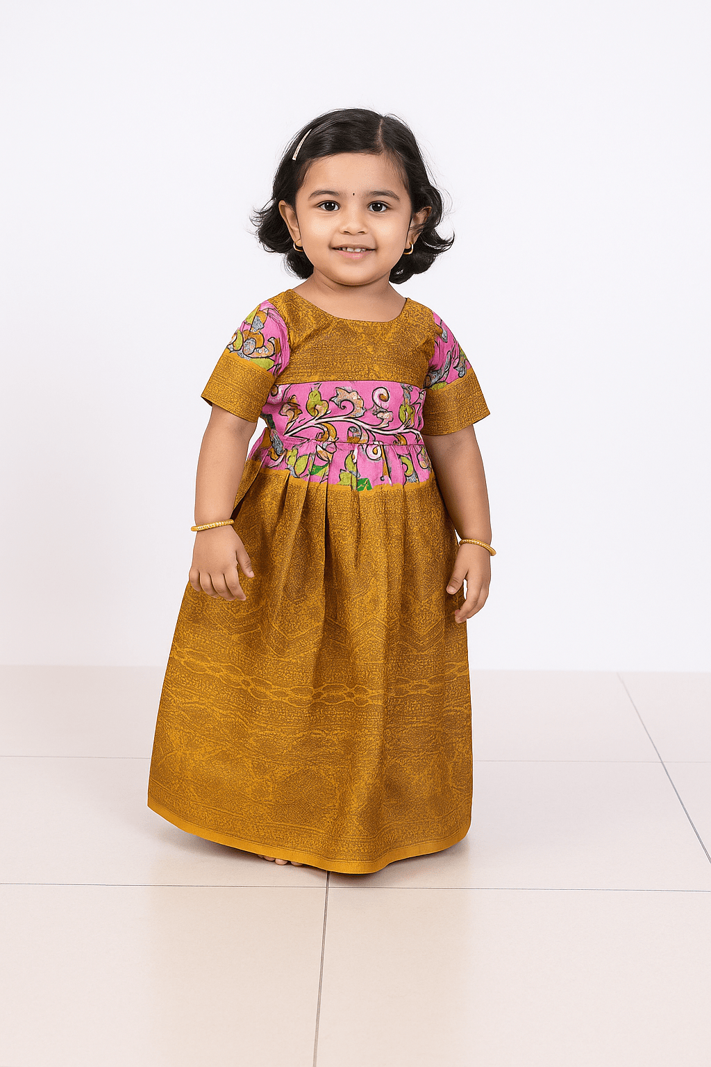 Traditional Yellow Pink Kalamkari Design Gown PG326 - Prince N Princess