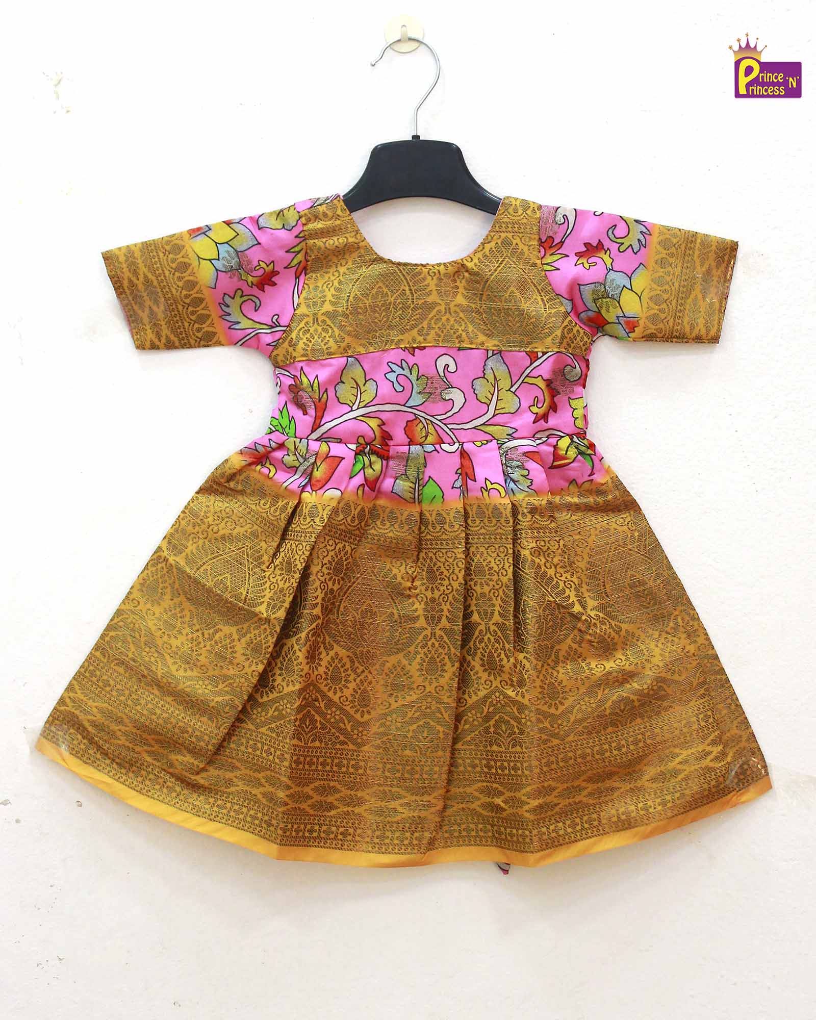Traditional Yellow Pink Kalamkari Design Gown PG326 - Prince N Princess